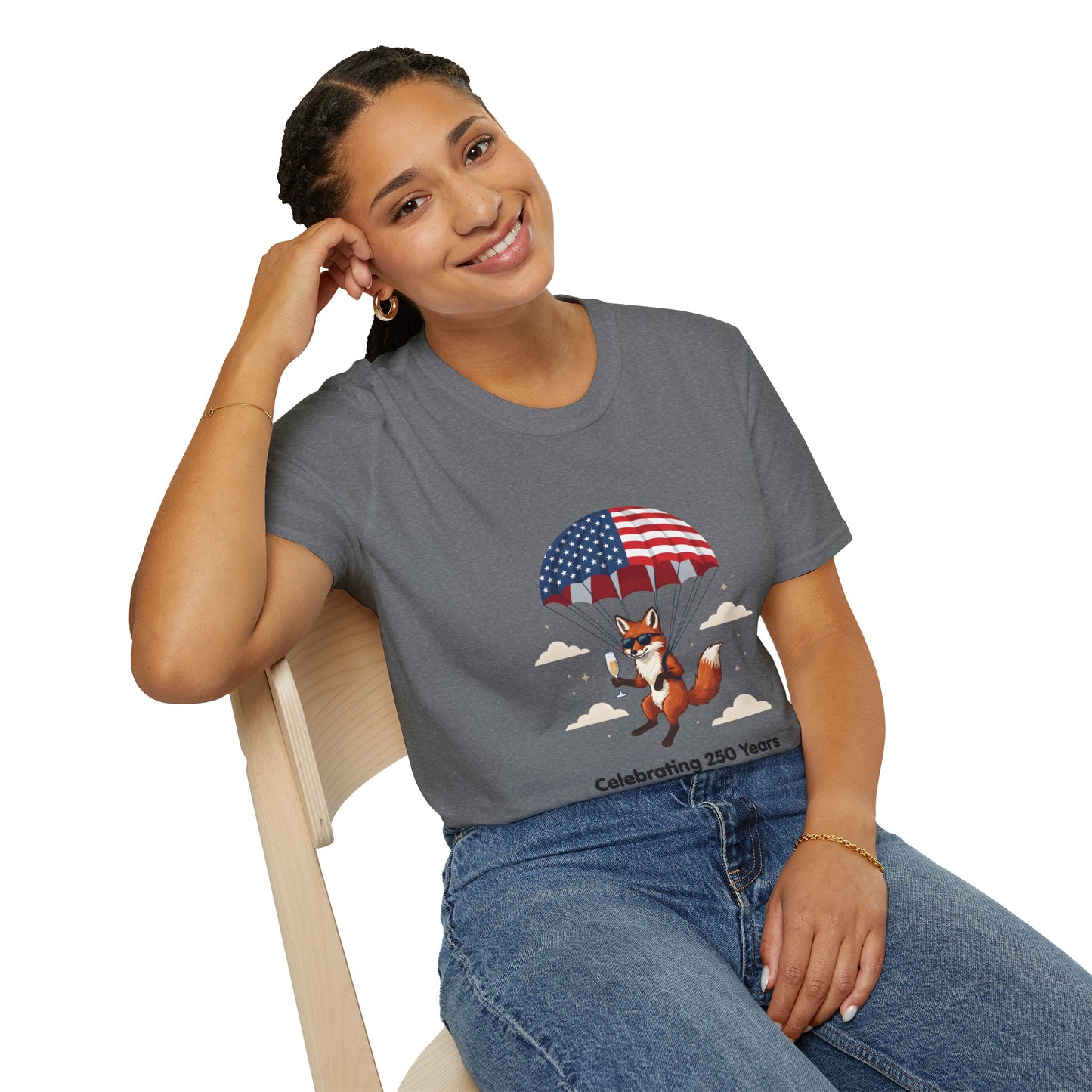 Patriotic Fox Parachute T-Shirt — "Celebrating 250 Years" Anniversary Tee