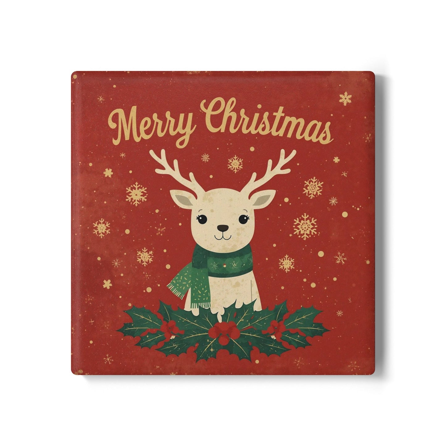Ceramic Coaster — Merry Christmas Reindeer Holiday Drink Coaster