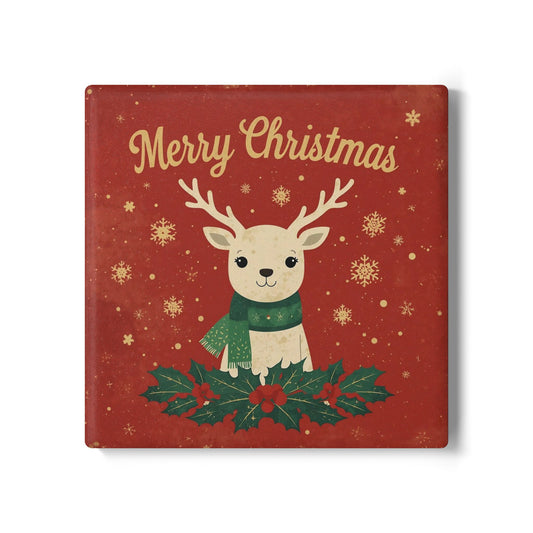 Ceramic Coaster — Merry Christmas Reindeer Holiday Drink Coaster