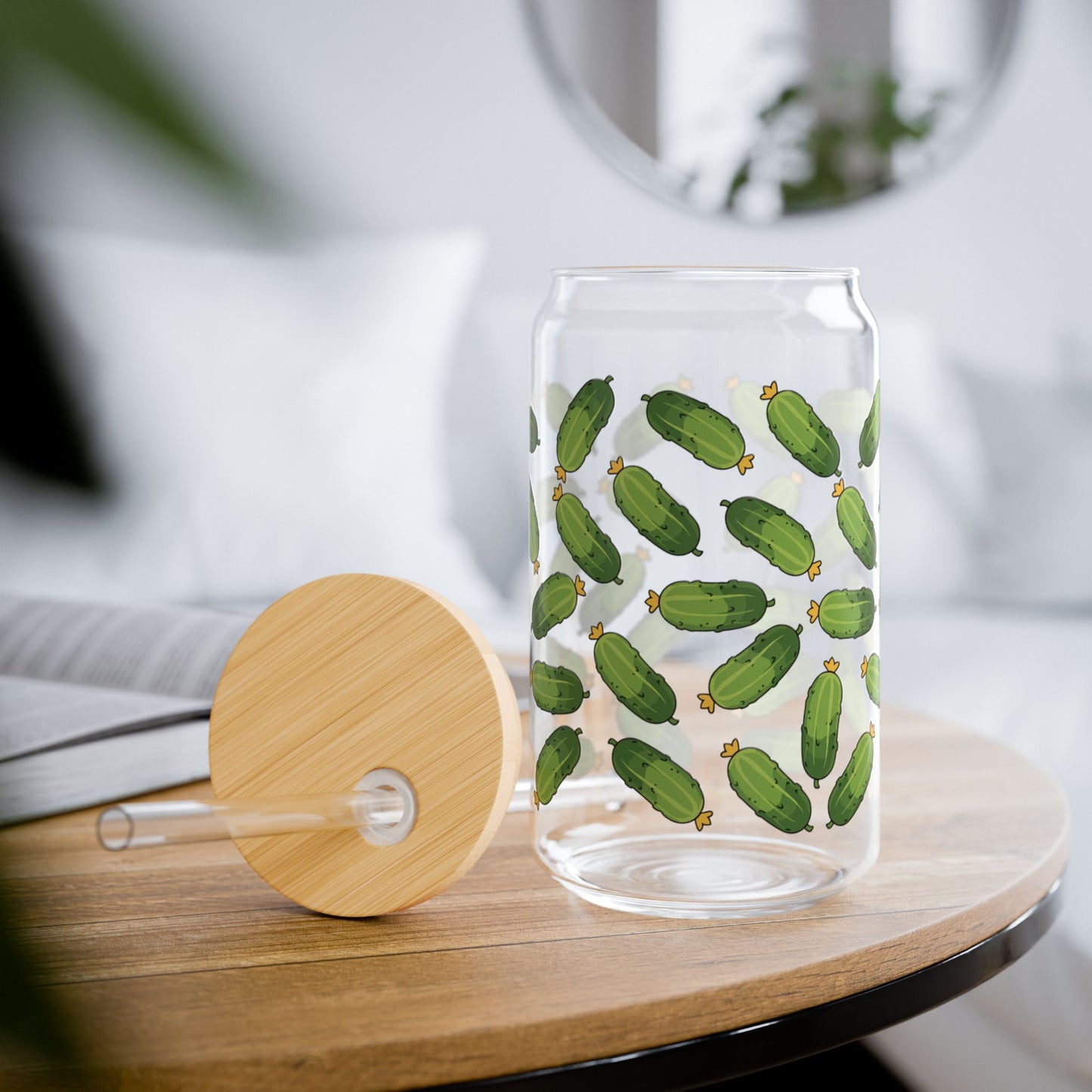 16oz Pickle Pattern Sipper Glass with Bamboo Lid