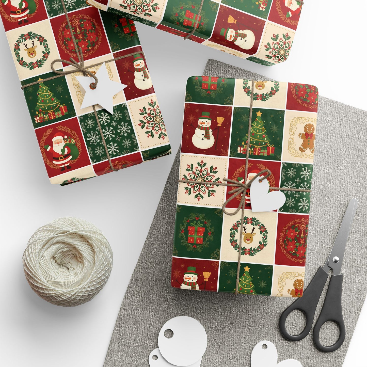 Christmas Patchwork Wrapping Paper Roll — Holiday Gift Wrap with Gingerbread, Snowman & Reindeer