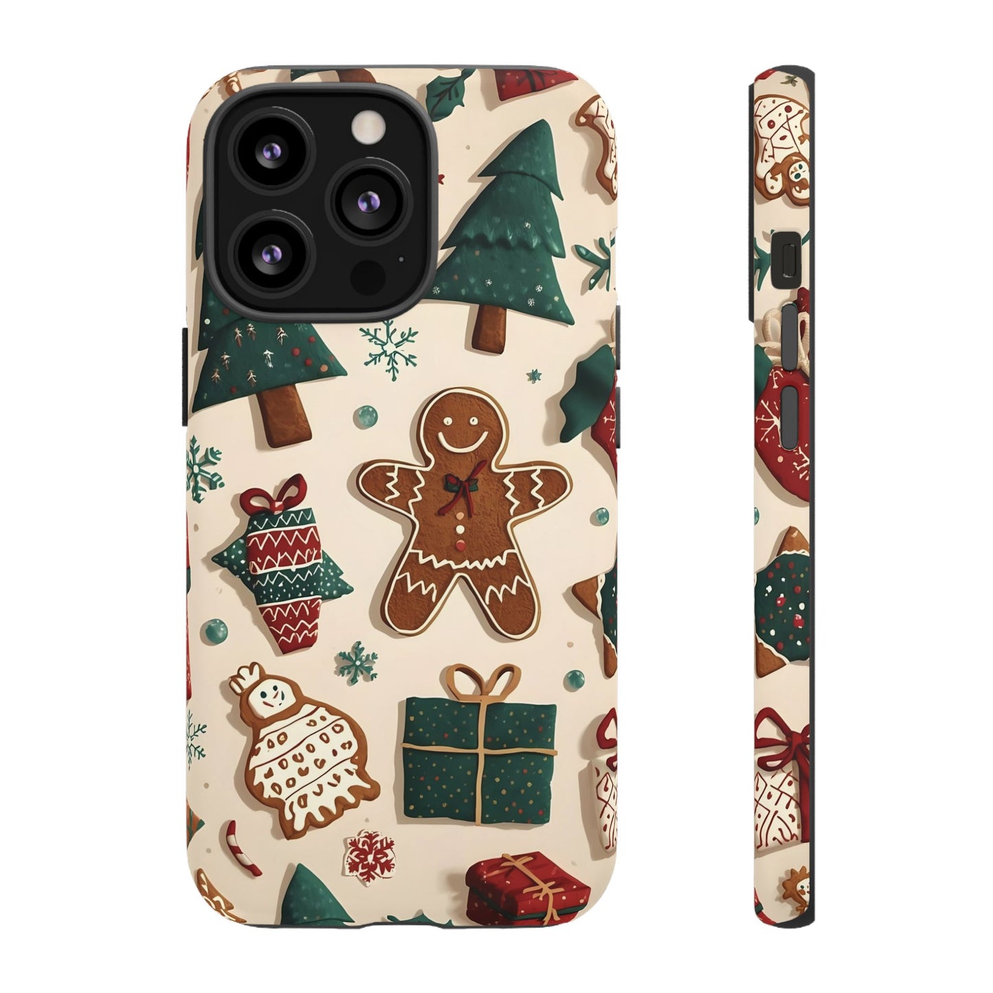 Christmas Phone Case with Gingerbread and Christmas Tree Design, Dual Layer Case for Iphone 17, 16, 15, 14, 13, 12, 11 & Samsung