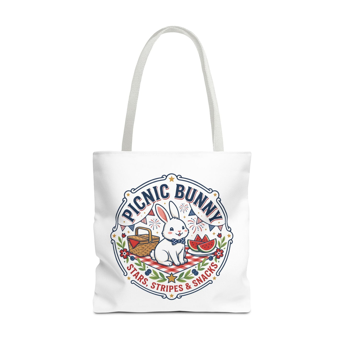 Patriotic Picnic Bunny Tote Bag — ‘Stars, Stripes & Snacks’ Cute Rabbit Picnic Tote, 4th of July Tote
