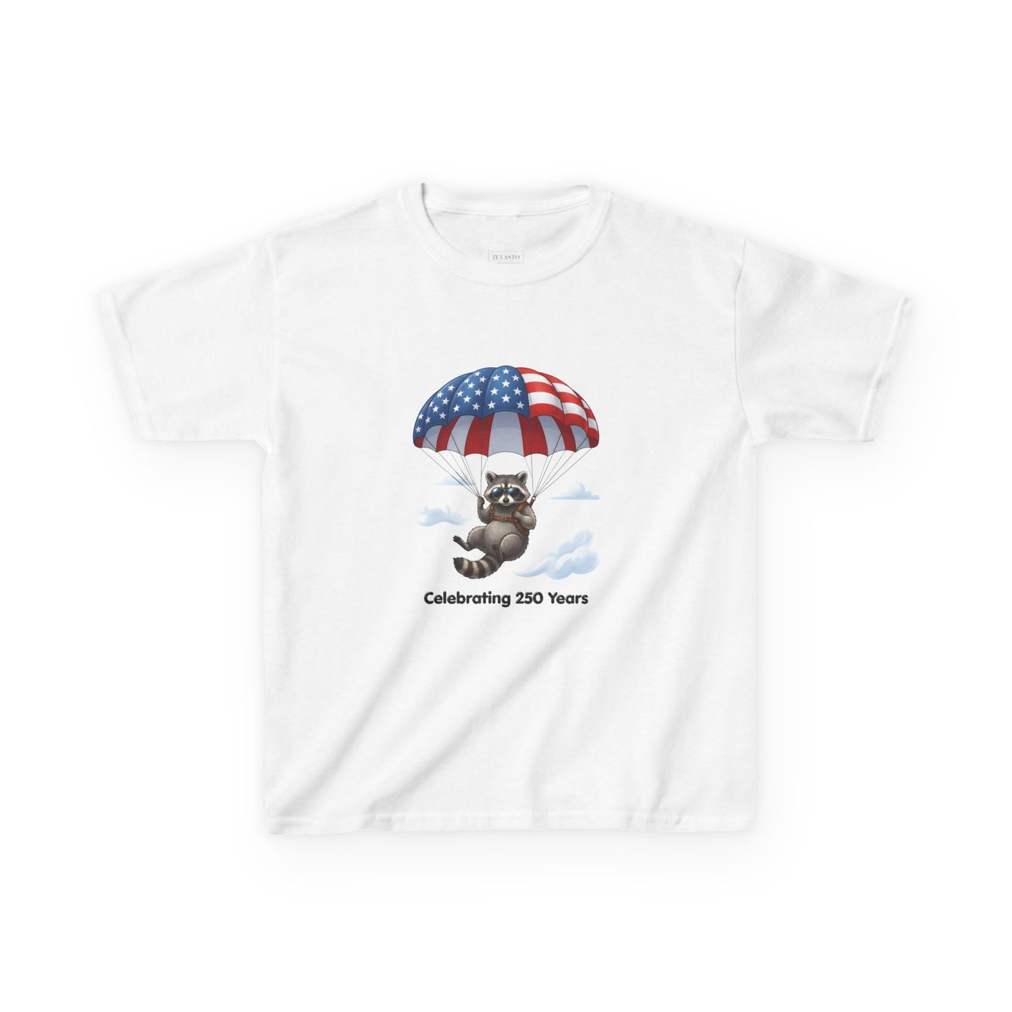 Kids T-Shirt — Patriotic Raccoon Parachute “Celebrating 250 Years”