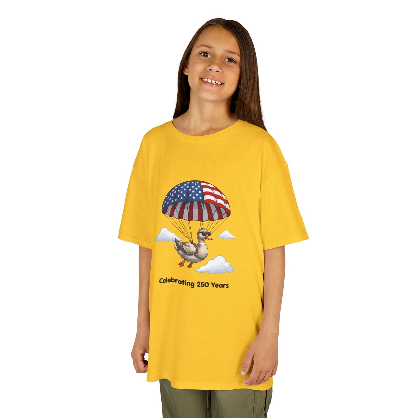 Kids Tee — Parachuting Duck, "Celebrating 250 Years"