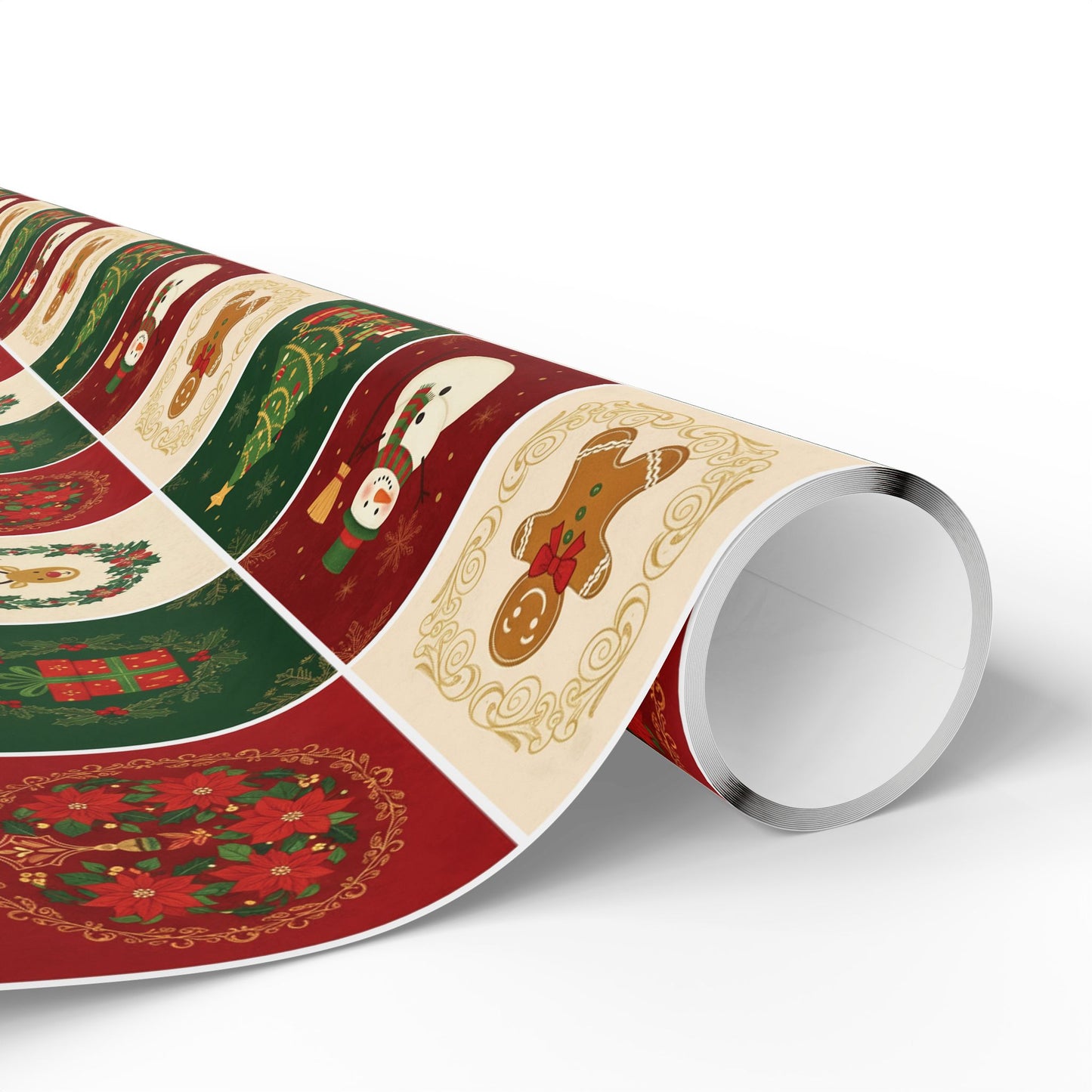 Christmas Patchwork Wrapping Paper Roll — Holiday Gift Wrap with Gingerbread, Snowman & Reindeer