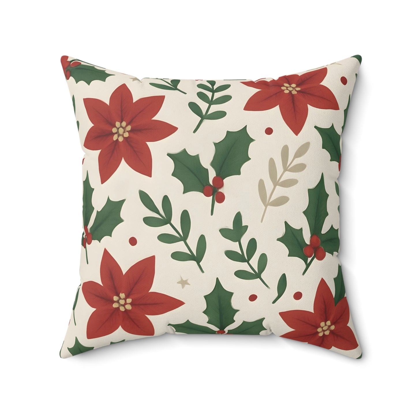 Poinsettia and Holly Leaves Holiday Throw Pillow - Festive Christmas Floral Decorative Cushion