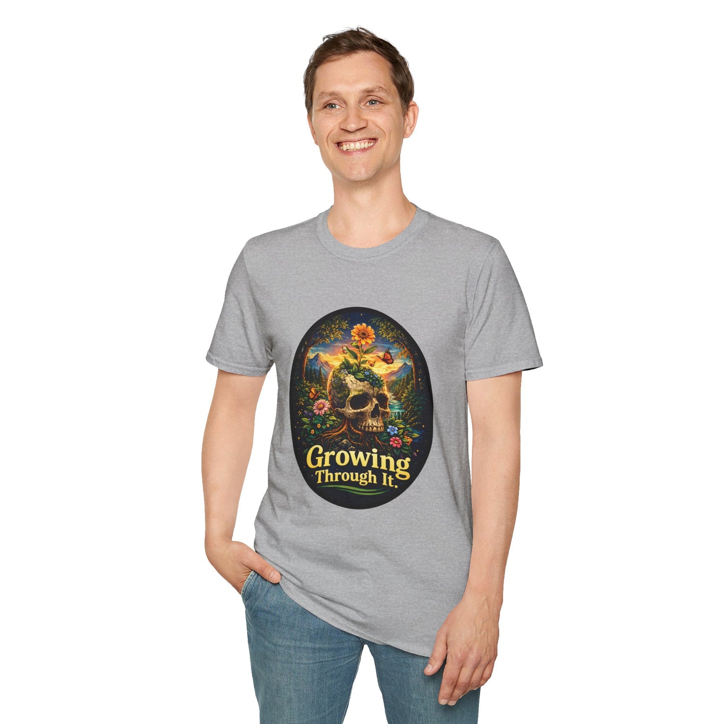 Growing Through It T-Shirt – Earth Day Nature Skull Graphic Tee | Mental Growth & Healing Shirt | Botanical Aesthetic Unisex Tee