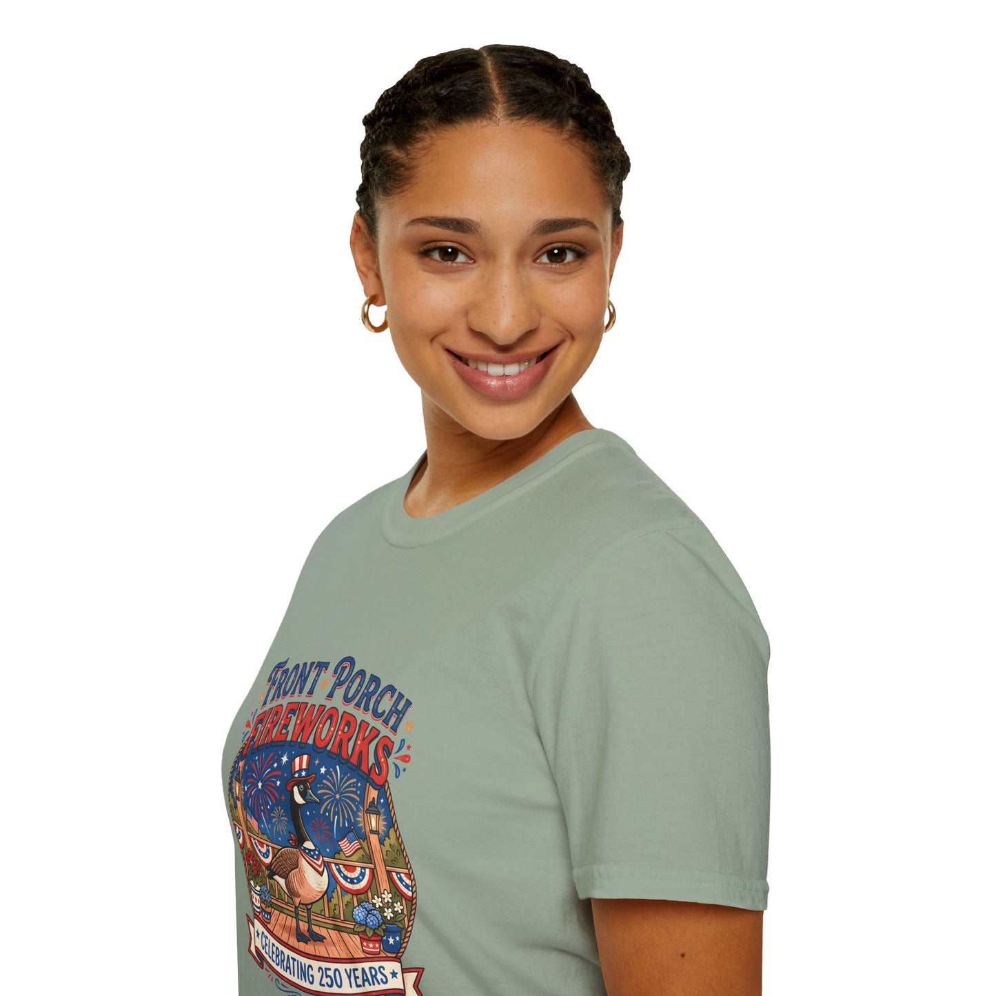 Front Porch Fireworks, Goose T-Shirt — Patriotic 4th of July Celebration Tee