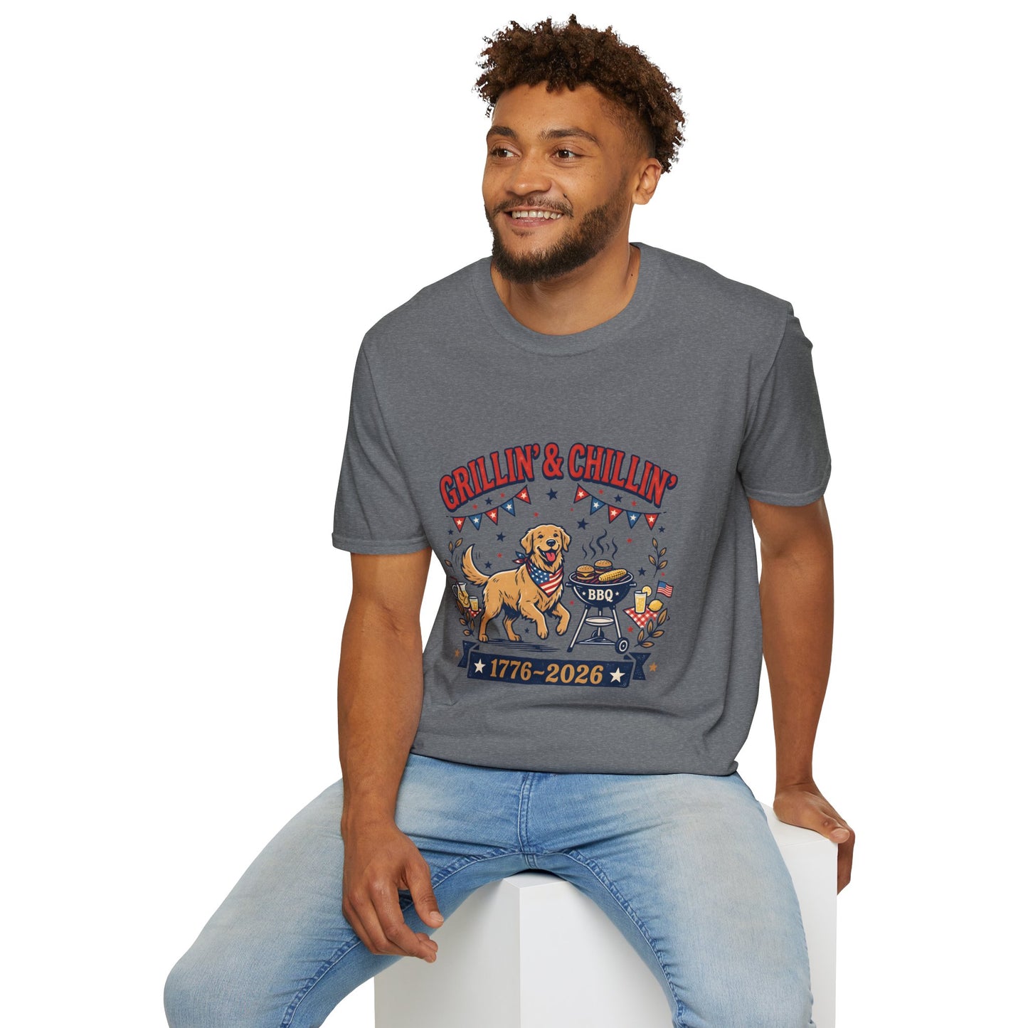 Grillin' & Chillin' BBQ Dog T-Shirt — 1776-2026 Patriotic Summer Tee, 4th of July Shirt, Independence Day Tee