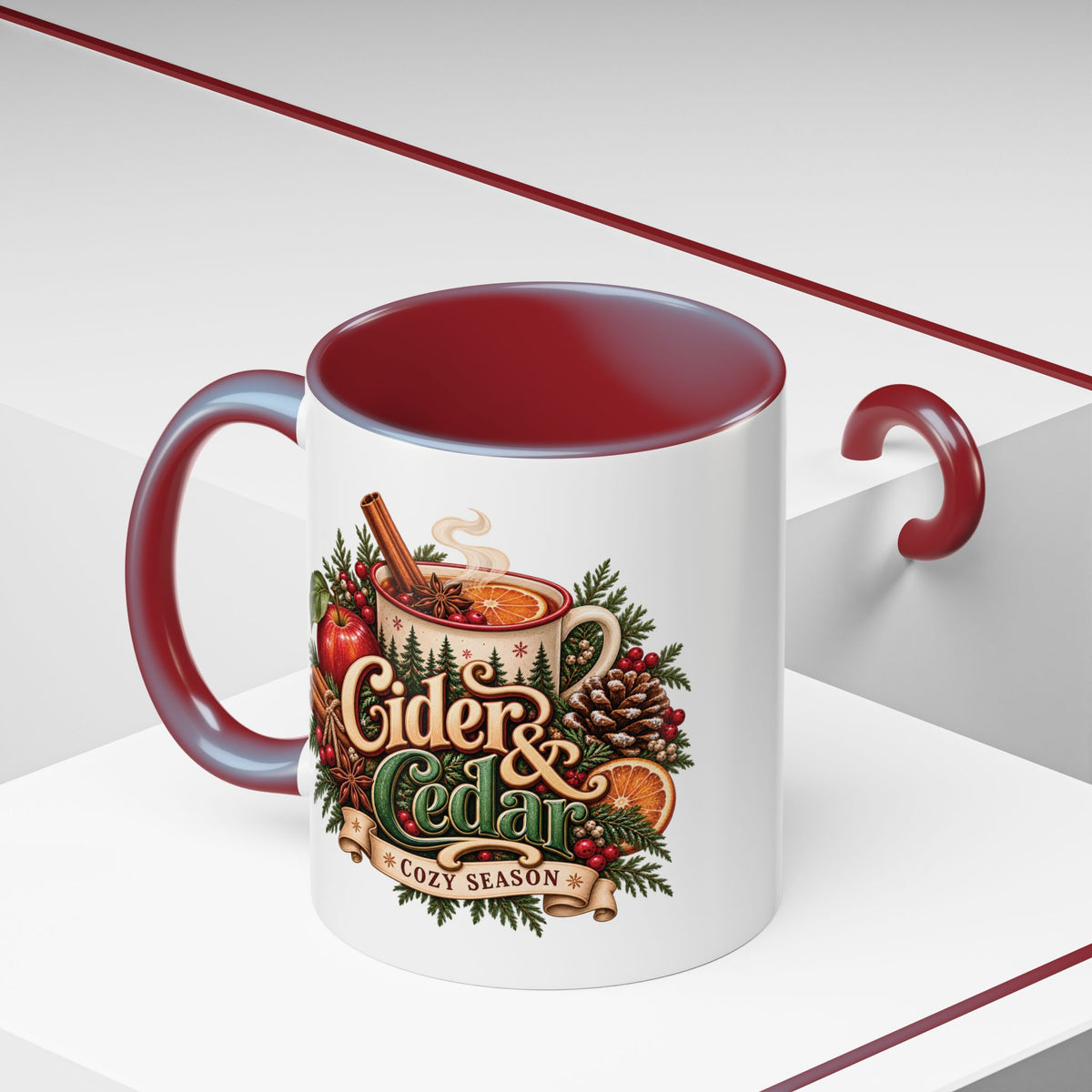 Cider & Cedar Accent Coffee Mug — Cozy Fall Hot Drink Gift (11 oz)