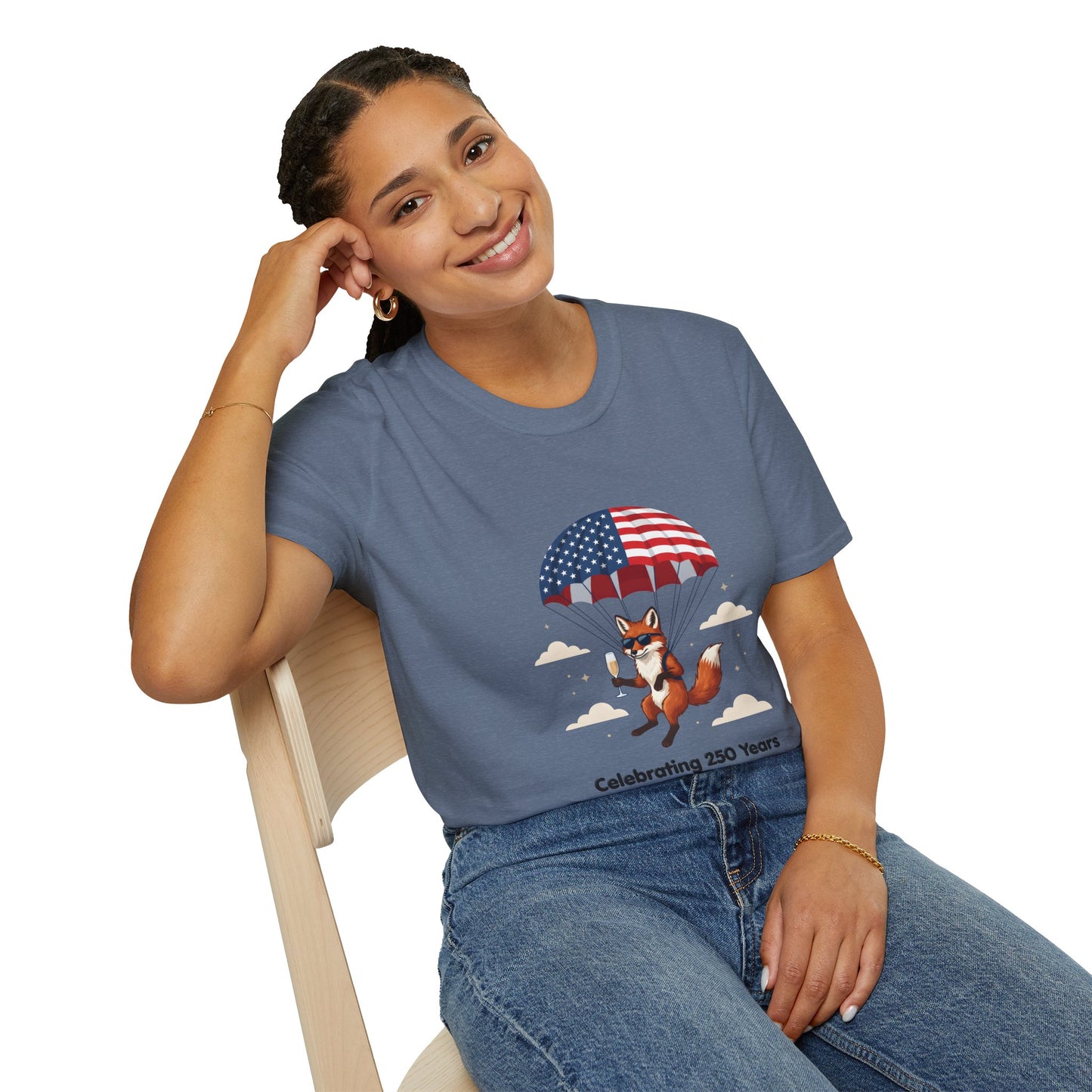 Patriotic Fox Parachute T-Shirt — "Celebrating 250 Years" Anniversary Tee