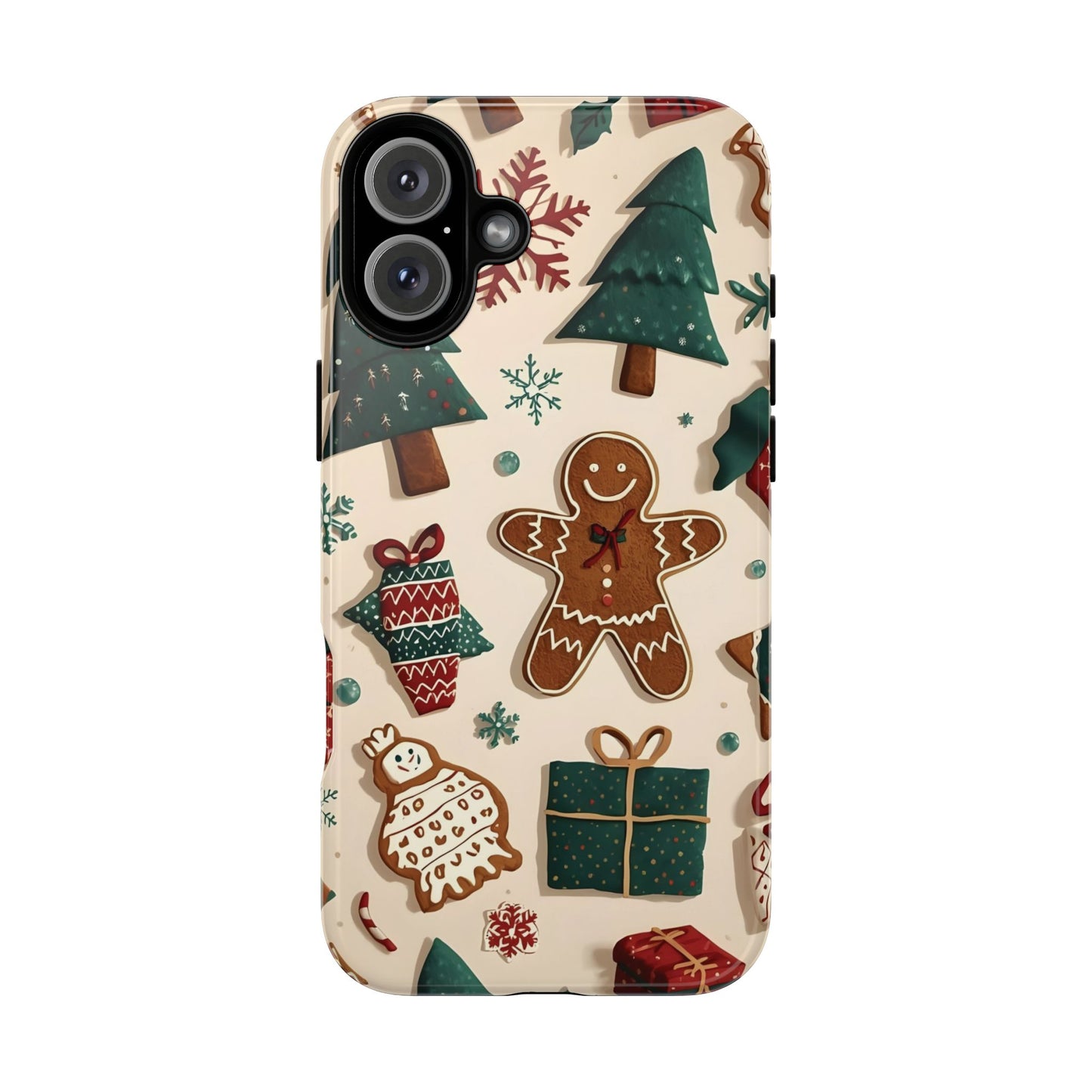Christmas Phone Case with Gingerbread and Christmas Tree Design, Dual Layer Case for Iphone 17, 16, 15, 14, 13, 12, 11 & Samsung