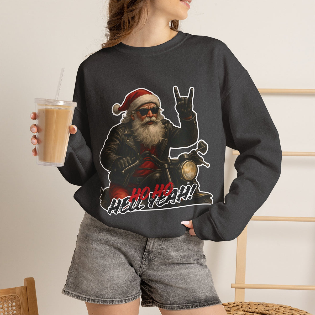 Santa Biker Crewneck Sweatshirt – 'Ho Ho Hell Yeah' Christmas Motorcycle Pullover