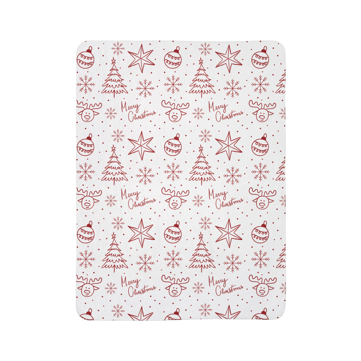 Christmas Fleece Sherpa Blanket - Red Doodle Trees, Reindeer & "Merry Christmas" Pattern