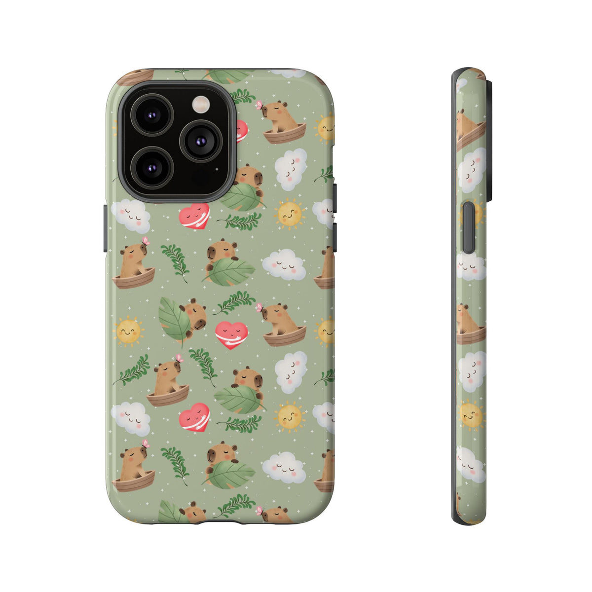 Cute Capybara Pattern Phone Case — Green Botanical Tough Case