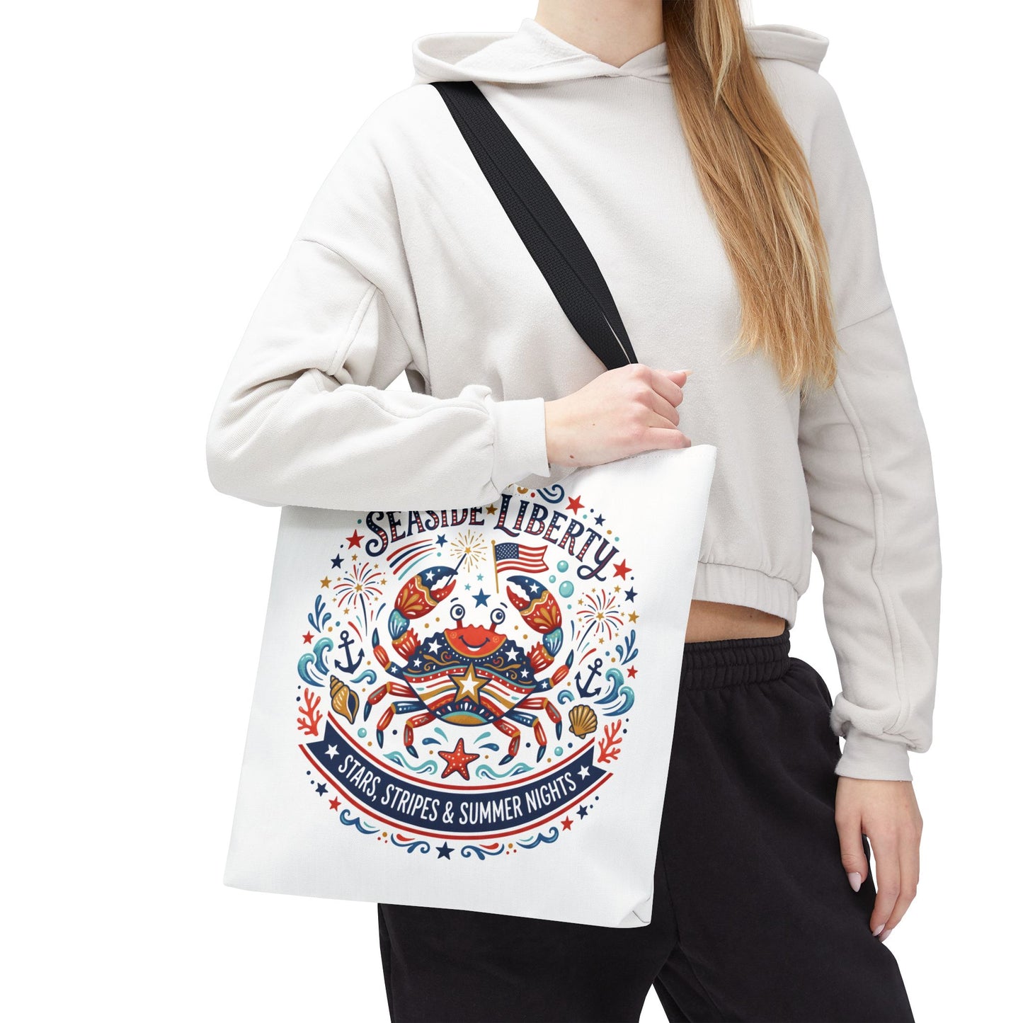 Seaside Liberty Tote Bag — 4th of July, Patriotic Bag "Stars, Stripes & Summer Nights"