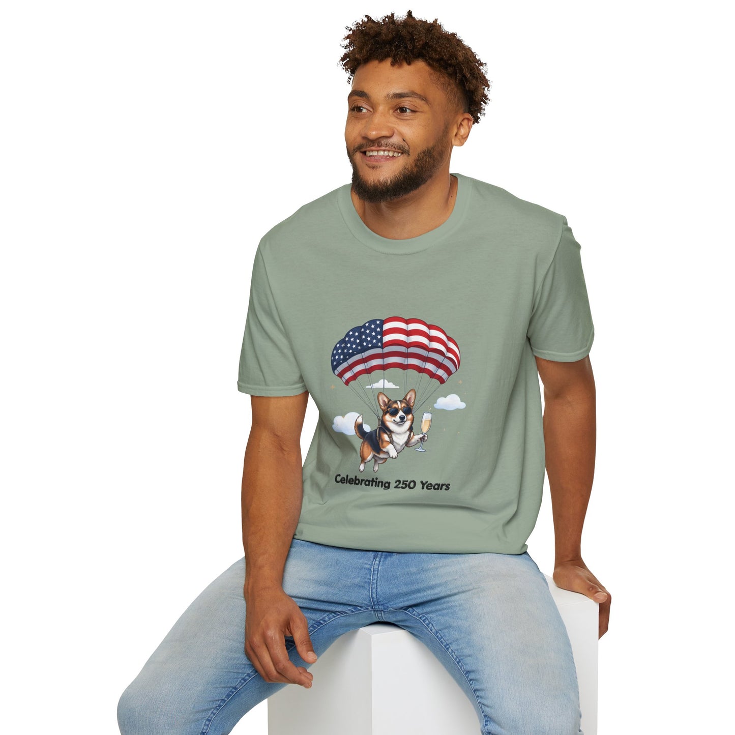 Corgi Parachute American Flag T-Shirt — "Celebrating 250 Years" Patriotic Tee