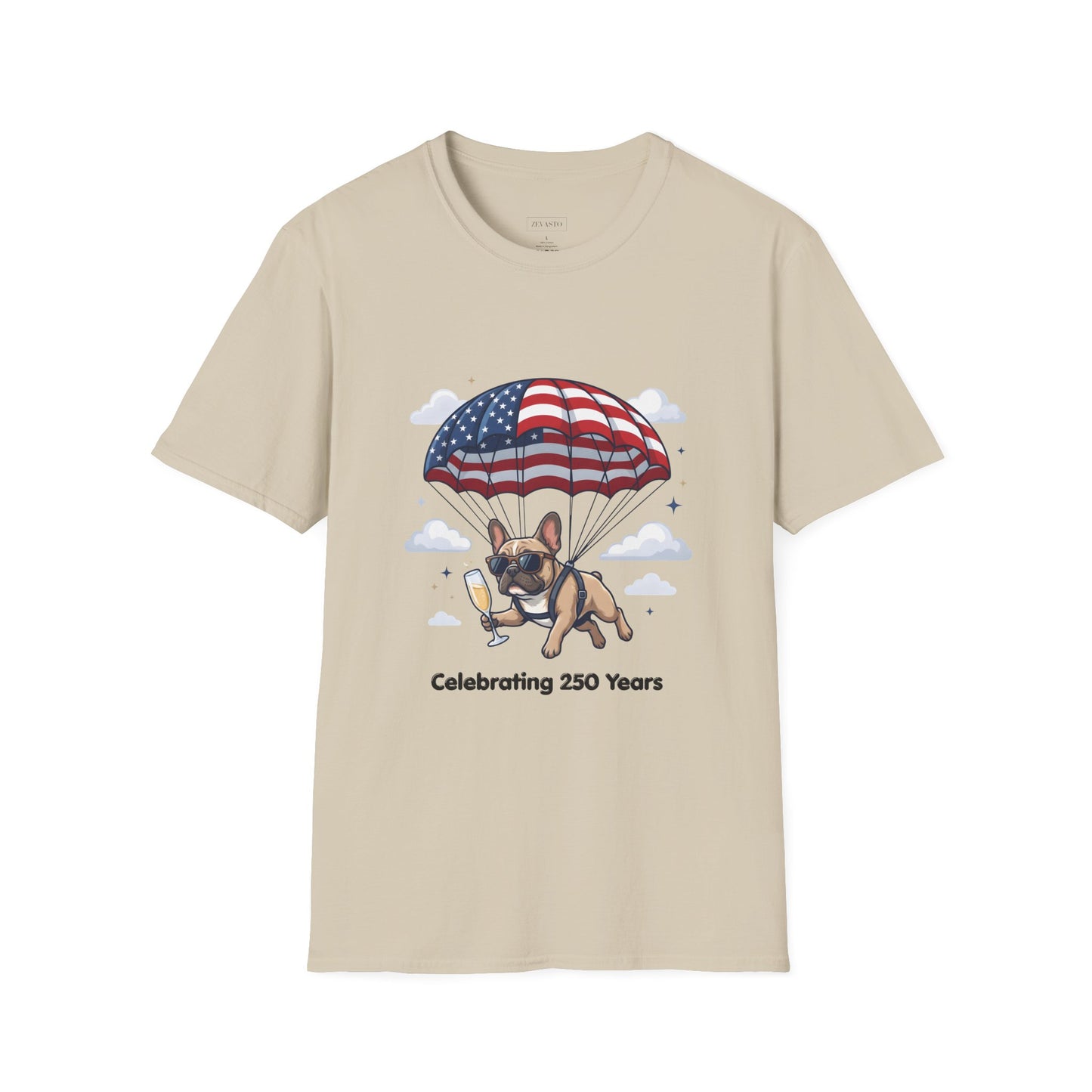 Patriotic French Bulldog T-Shirt — "Celebrating 250 Years" Parachute Design