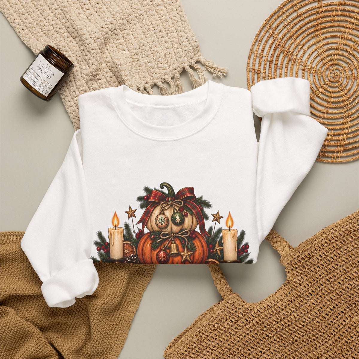 Harvest & Holly Crewneck Sweatshirt — Vintage Pumpkin Fall Graphic Sweatshirt