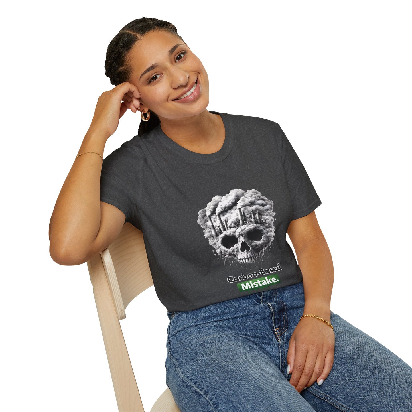 Carbon-Based Mistake Skull T-Shirt — Dark Humor Graphic Tee for Earth Day