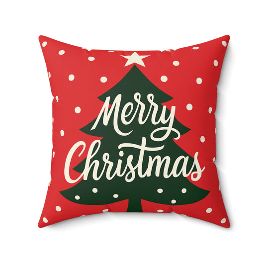 Merry Christmas Tree Holiday Pillow — Red Spun Polyester Square Throw Pillow