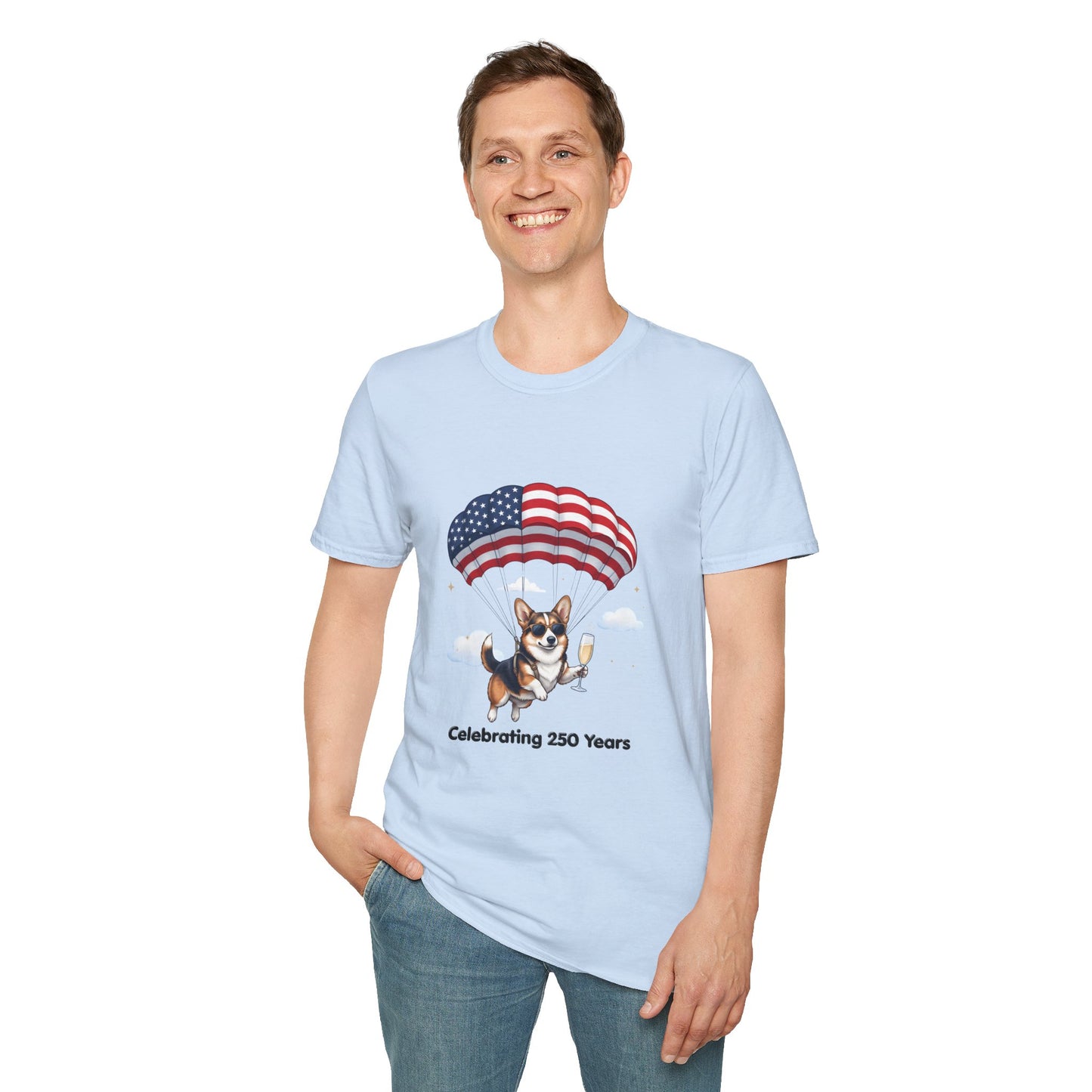 Corgi Parachute American Flag T-Shirt — "Celebrating 250 Years" Patriotic Tee