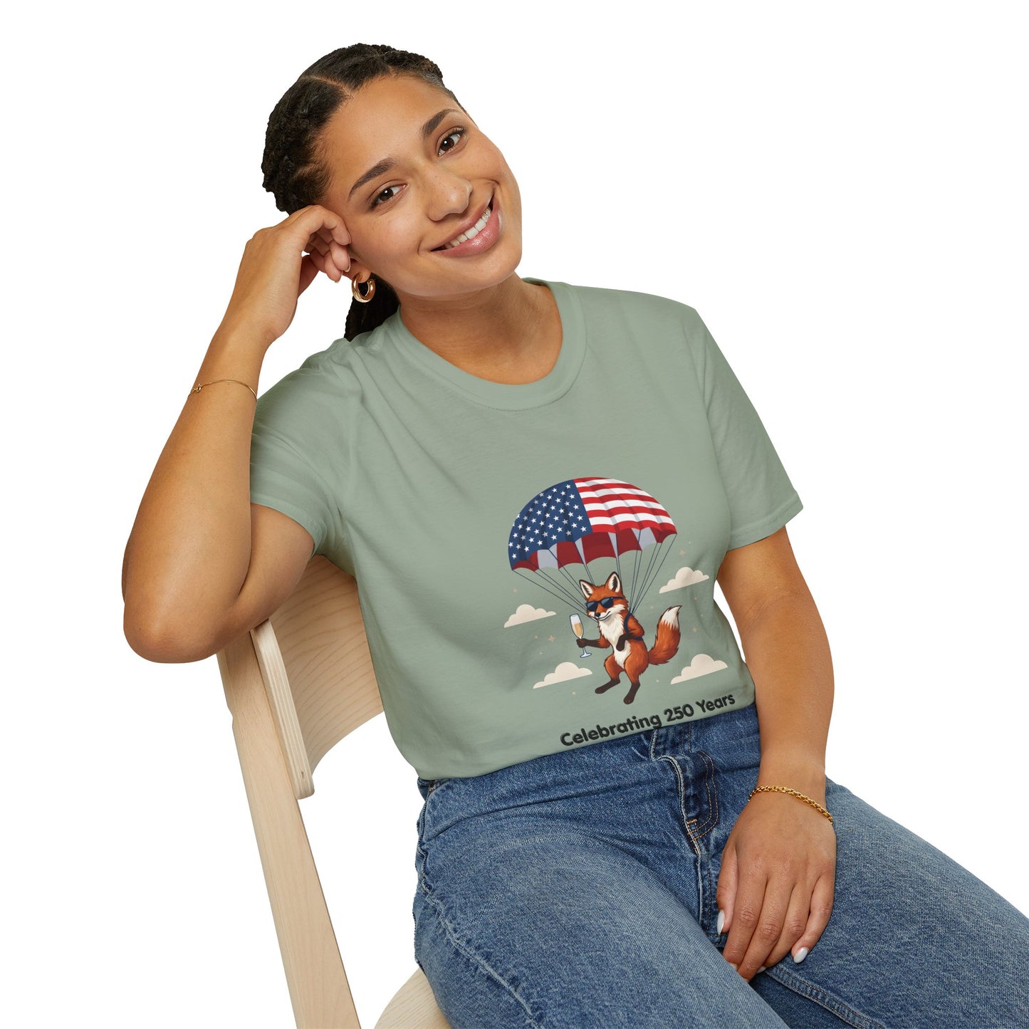 Patriotic Fox Parachute T-Shirt — "Celebrating 250 Years" Anniversary Tee