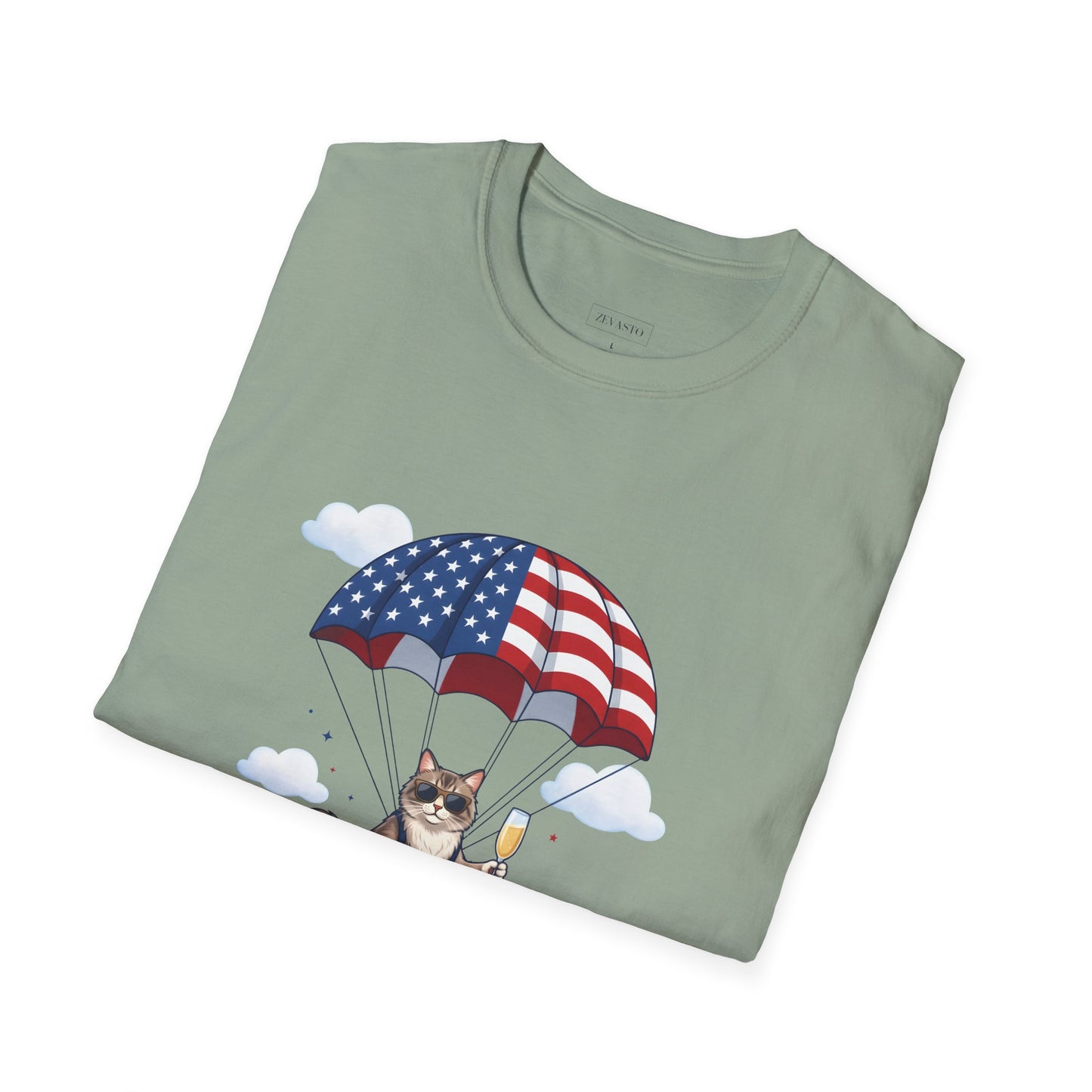 Patriotic Cat Parachute T-Shirt — "Celebrating 250 Years" 4th of July Tee