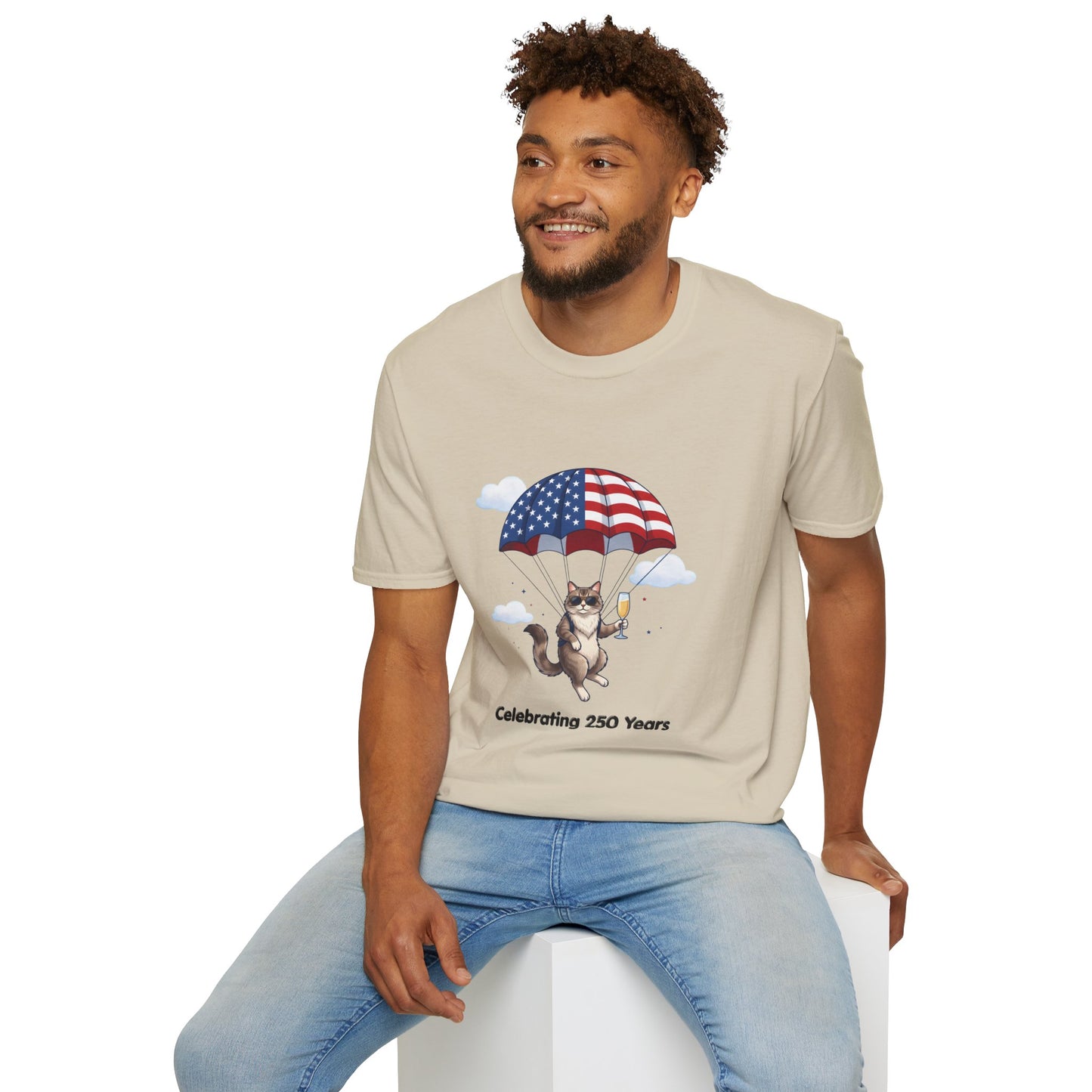 Patriotic Cat Parachute T-Shirt — "Celebrating 250 Years" 4th of July Tee