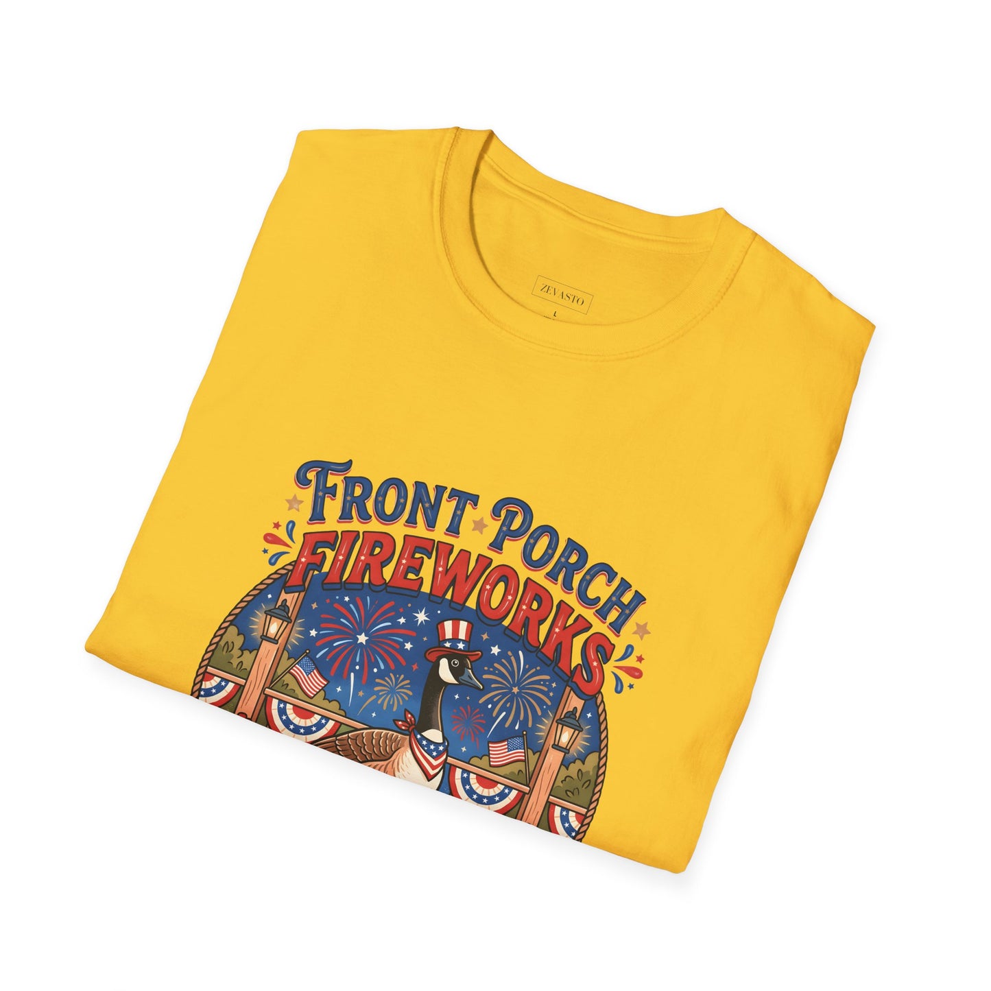 Front Porch Fireworks, Goose T-Shirt — Patriotic 4th of July Celebration Tee