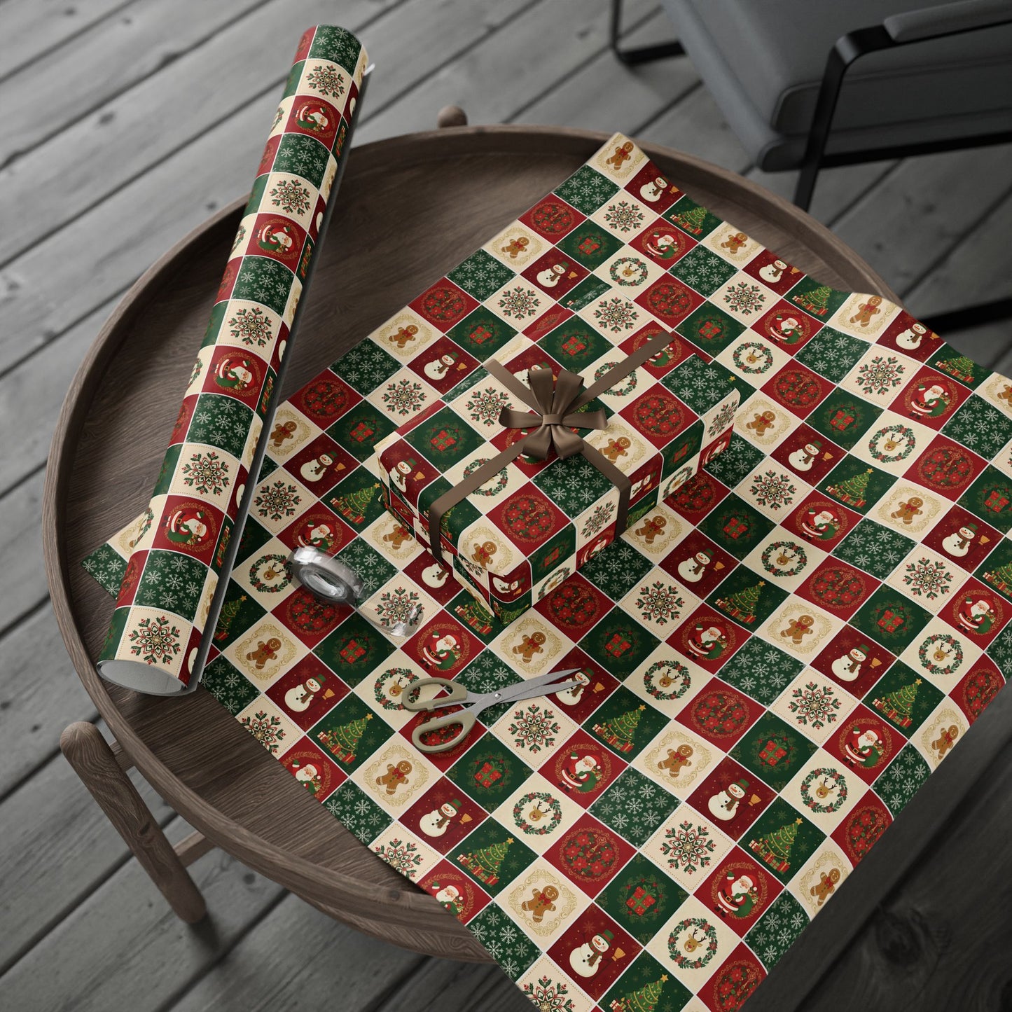Christmas Patchwork Wrapping Paper Roll — Holiday Gift Wrap with Gingerbread, Snowman & Reindeer