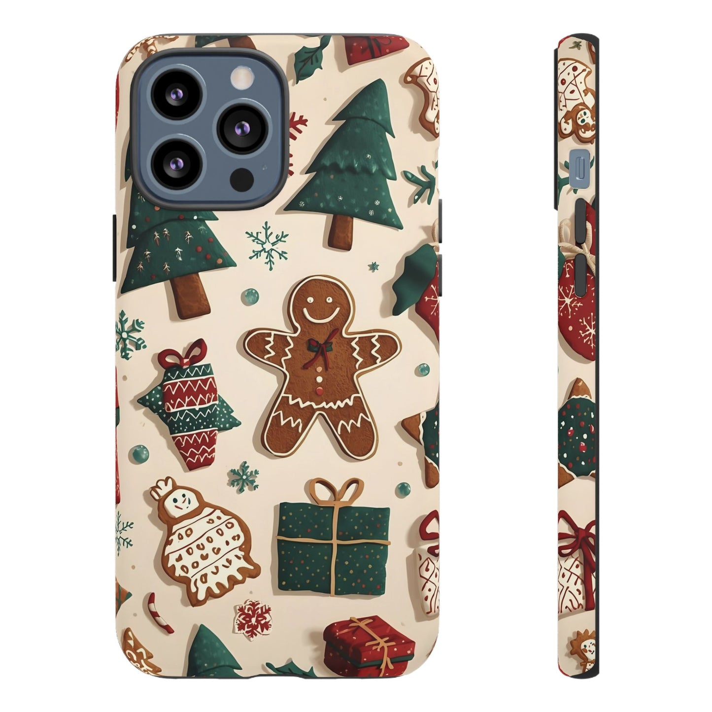 Christmas Phone Case with Gingerbread and Christmas Tree Design, Dual Layer Case for Iphone 17, 16, 15, 14, 13, 12, 11 & Samsung