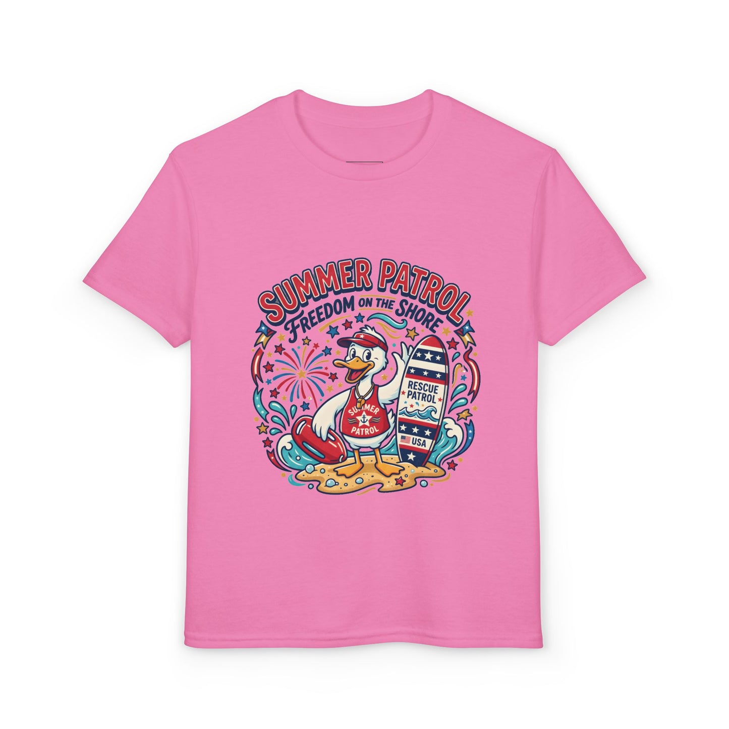 Summer Patrol Kids T‑Shirt — Lifeguard Duck Beach Graphic, 4th of July Tee
