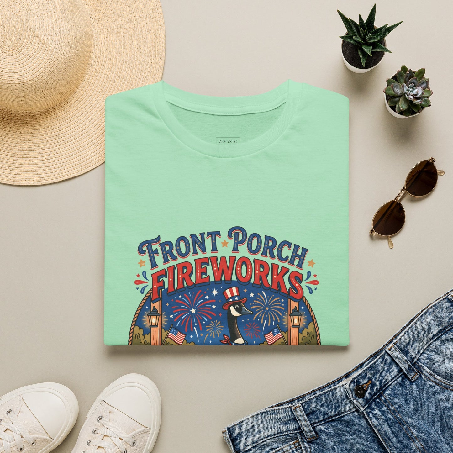 Front Porch Fireworks, Goose T-Shirt — Patriotic 4th of July Celebration Tee