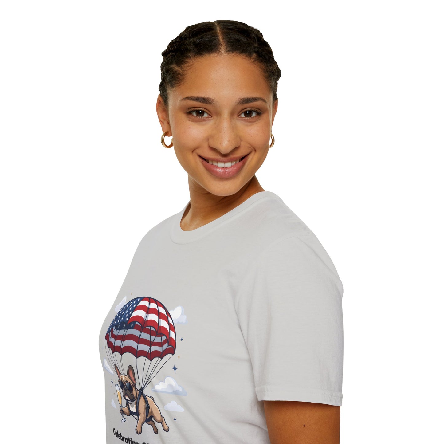 Patriotic French Bulldog T-Shirt — "Celebrating 250 Years" Parachute Design