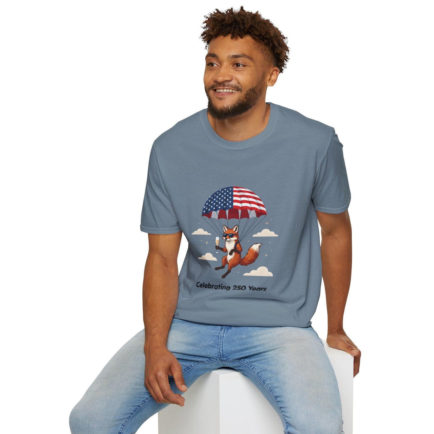 Patriotic Fox Parachute T-Shirt — "Celebrating 250 Years" Anniversary Tee