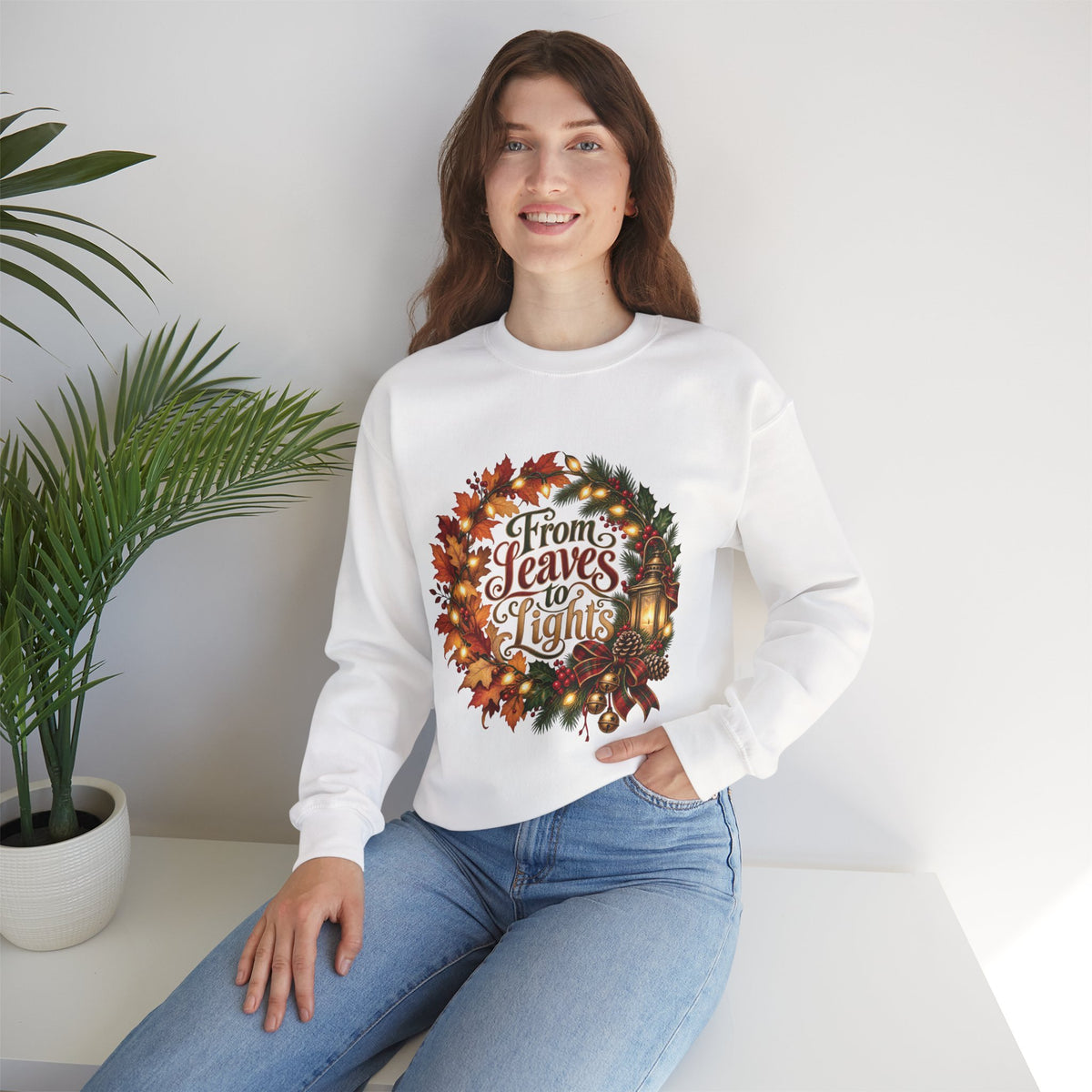 Christmas Crewneck Sweatshirt — "From Leaves to Lights" Autumn to Holiday Wreath Design