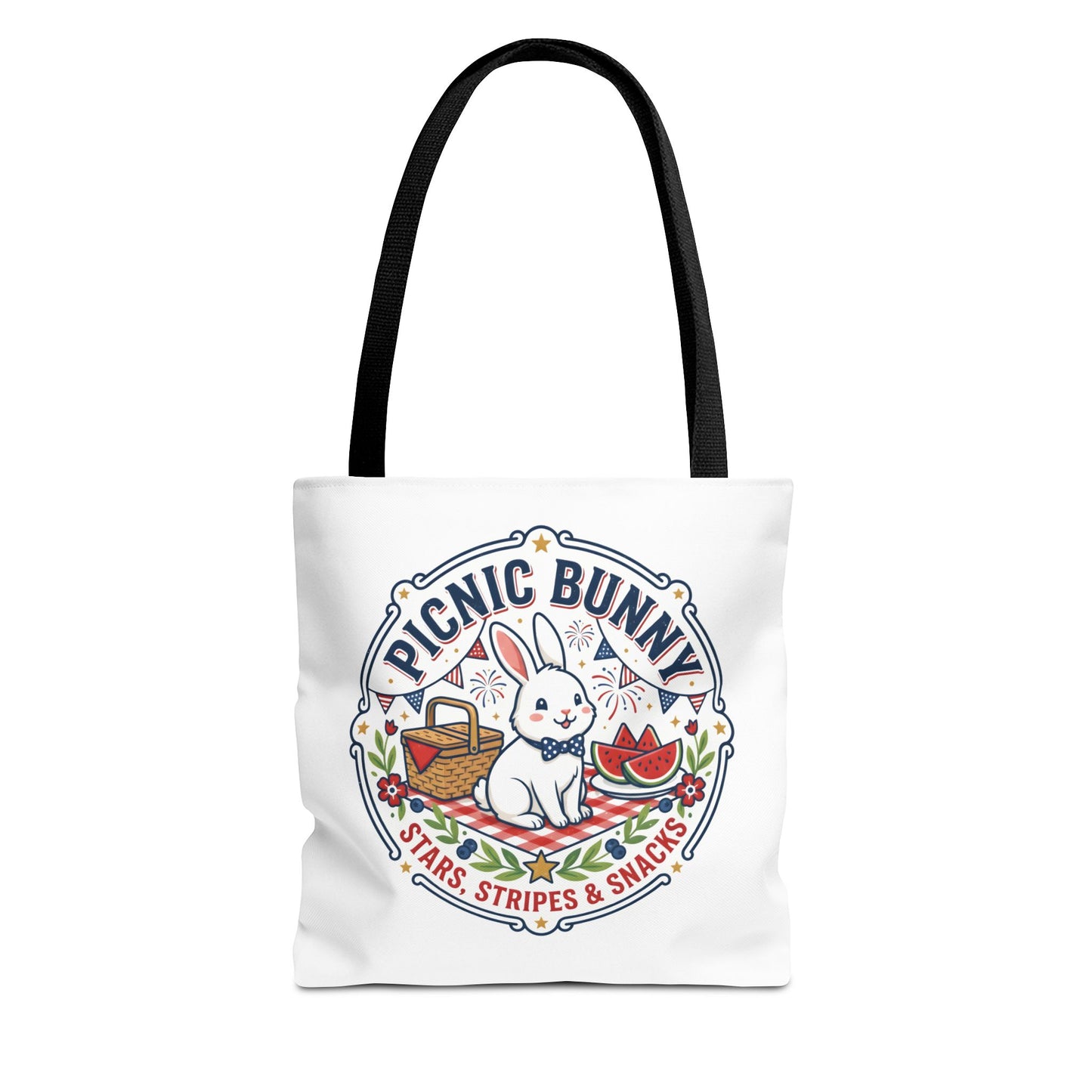 Patriotic Picnic Bunny Tote Bag — ‘Stars, Stripes & Snacks’ Cute Rabbit Picnic Tote, 4th of July Tote