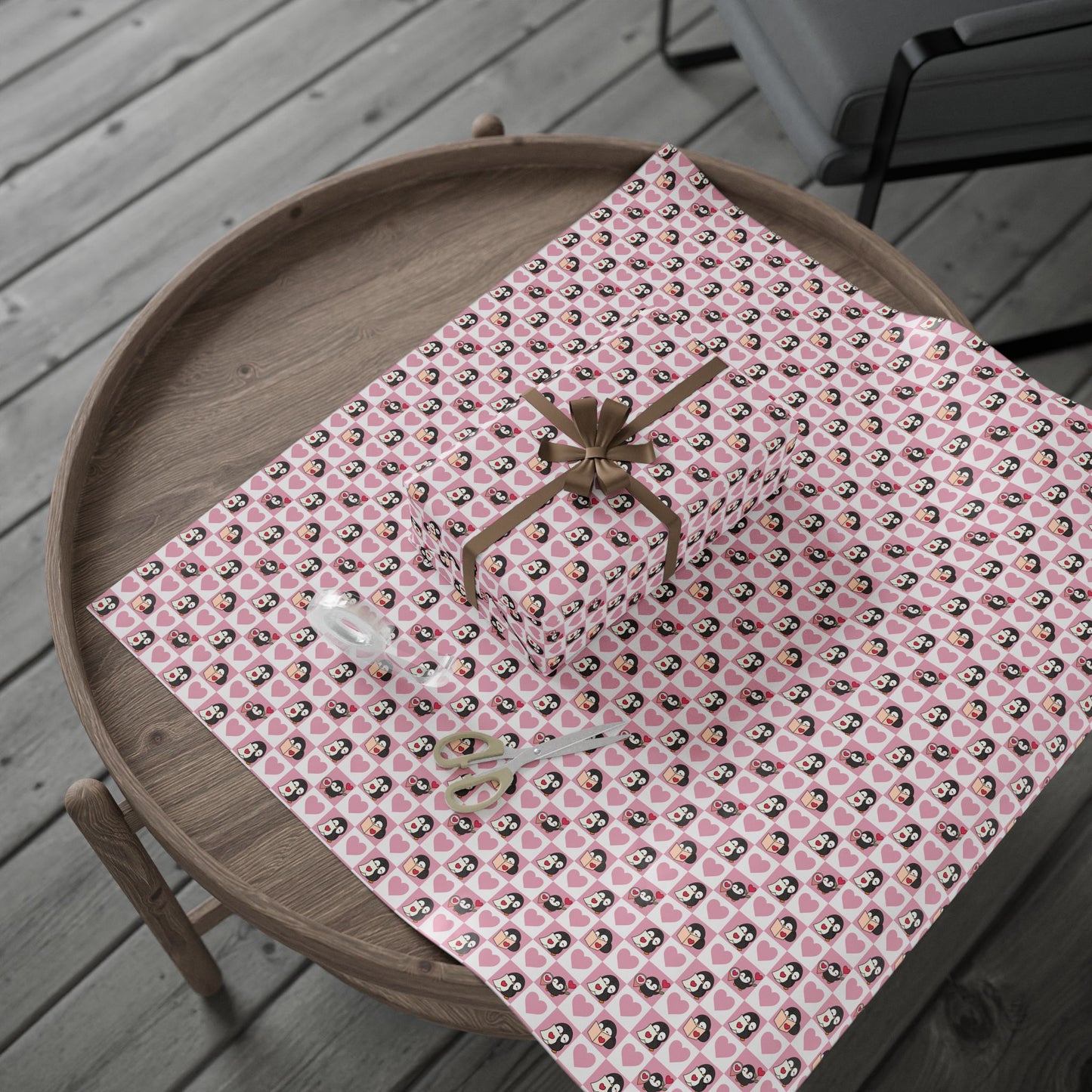Penguin Hearts Wrapping Paper Roll — Pink Valentine Gift Wrap