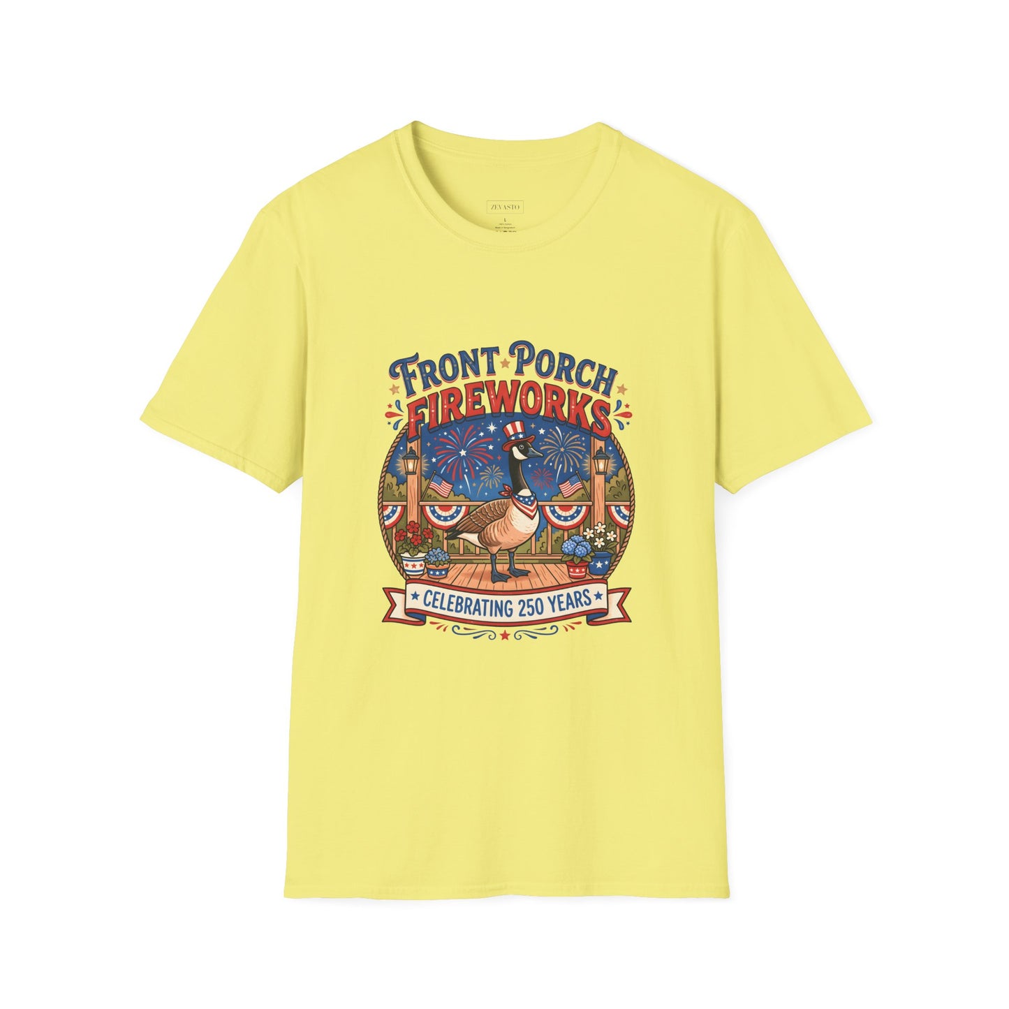 Front Porch Fireworks, Goose T-Shirt — Patriotic 4th of July Celebration Tee