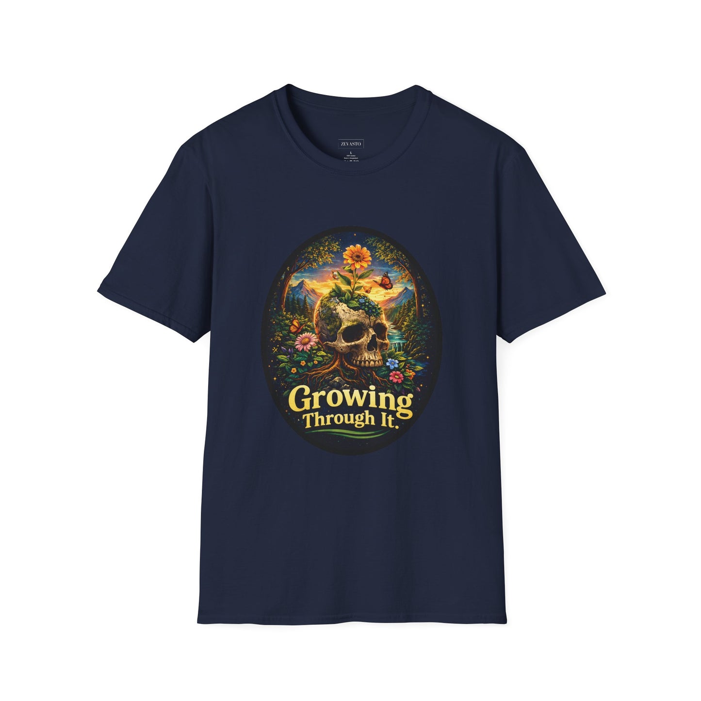 Growing Through It T-Shirt – Earth Day Nature Skull Graphic Tee | Mental Growth & Healing Shirt | Botanical Aesthetic Unisex Tee