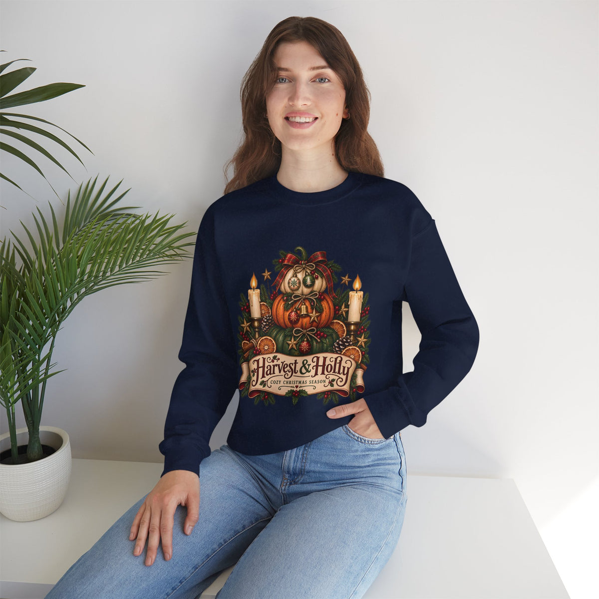 Harvest & Holly Crewneck Sweatshirt — Vintage Pumpkin Fall Graphic Sweatshirt