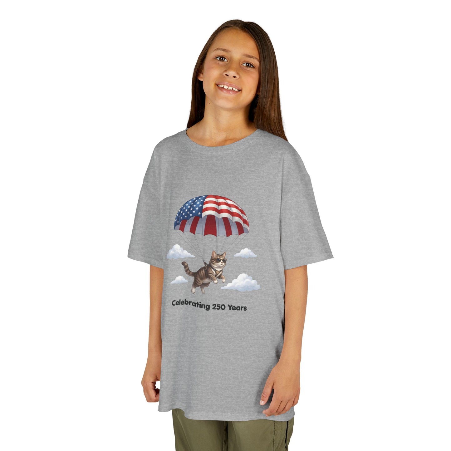 Kids Patriotic Parachuting Cat Tee — "Celebrating 250 Years"