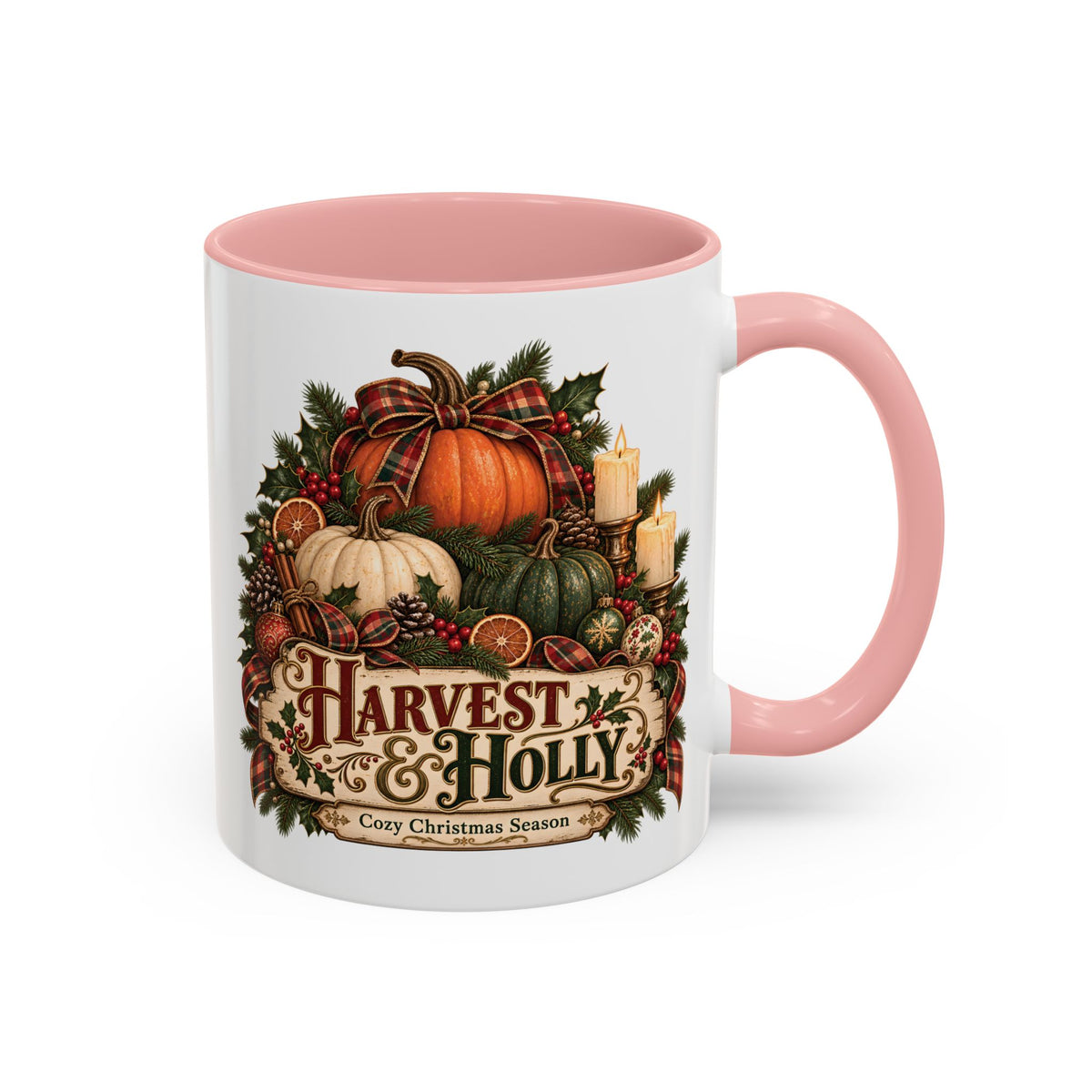 Harvest & Holly Accent Coffee Mug - Vintage Christmas Holiday Mug (11 oz)