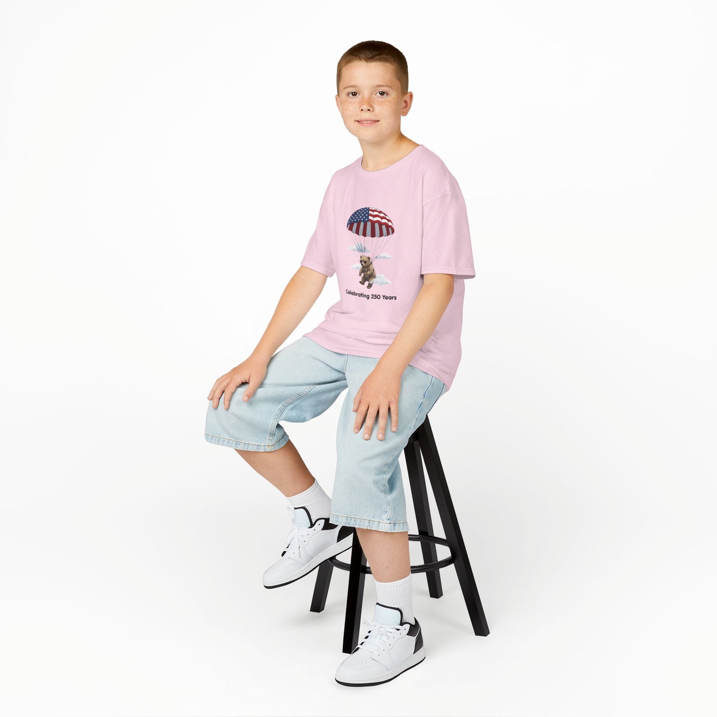 Kids Tee — Patriotic Parachute Bear "Celebrating 250 Years"