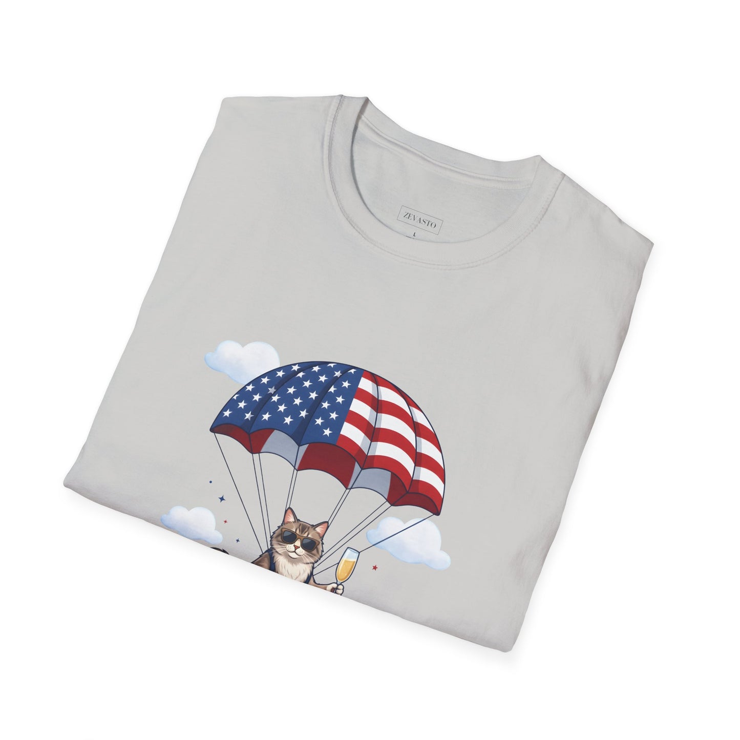 Patriotic Cat Parachute T-Shirt — "Celebrating 250 Years" 4th of July Tee