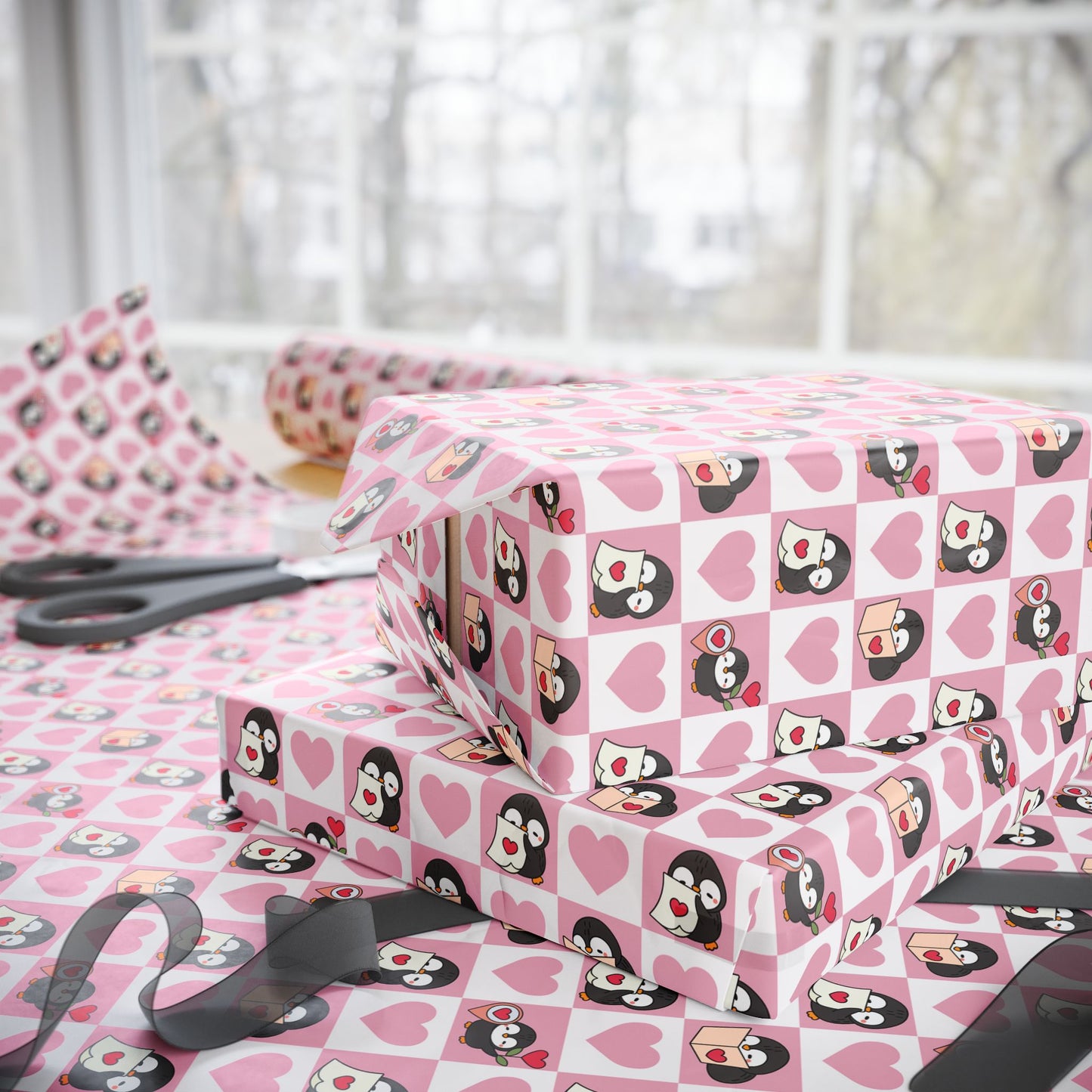 Penguin Hearts Wrapping Paper Roll — Pink Valentine Gift Wrap