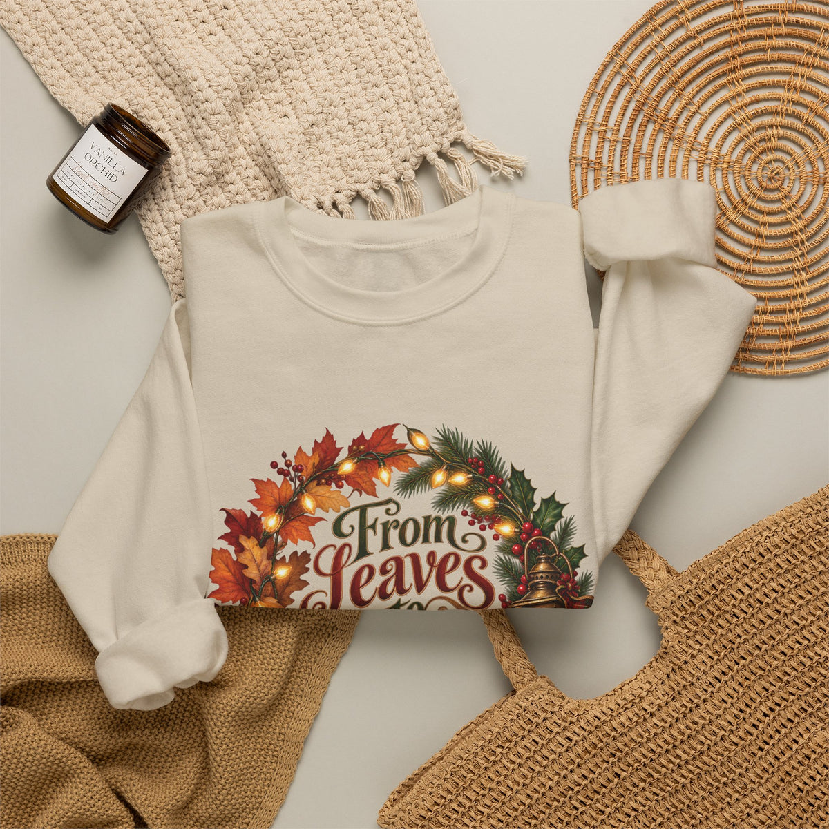 Christmas Crewneck Sweatshirt — "From Leaves to Lights" Autumn to Holiday Wreath Design