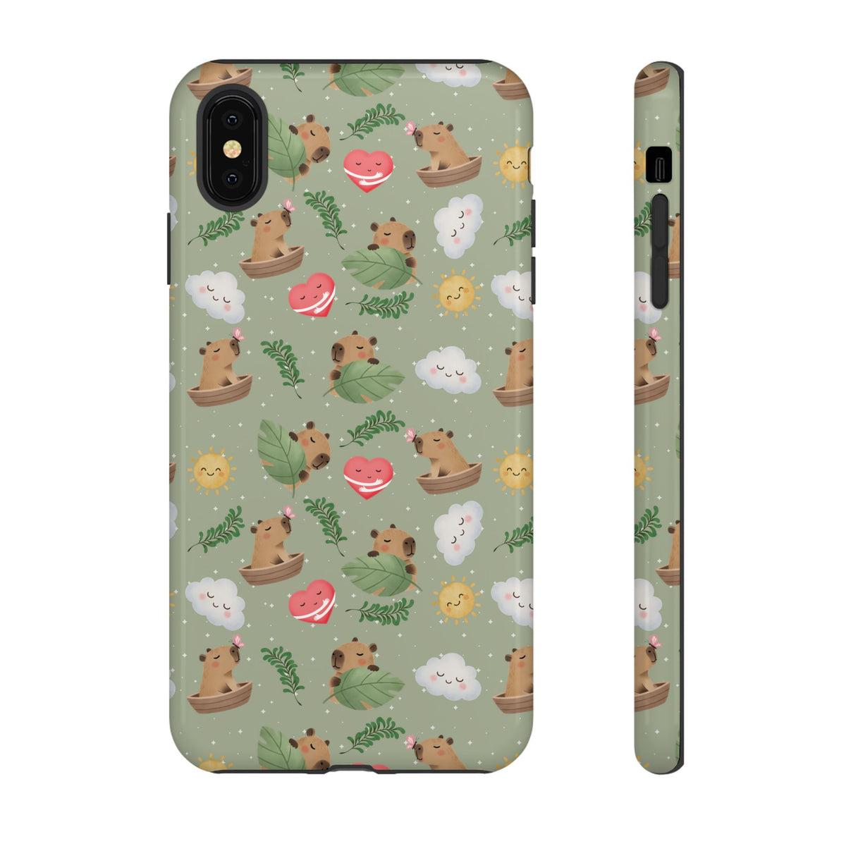 Cute Capybara Pattern Phone Case — Green Botanical Tough Case